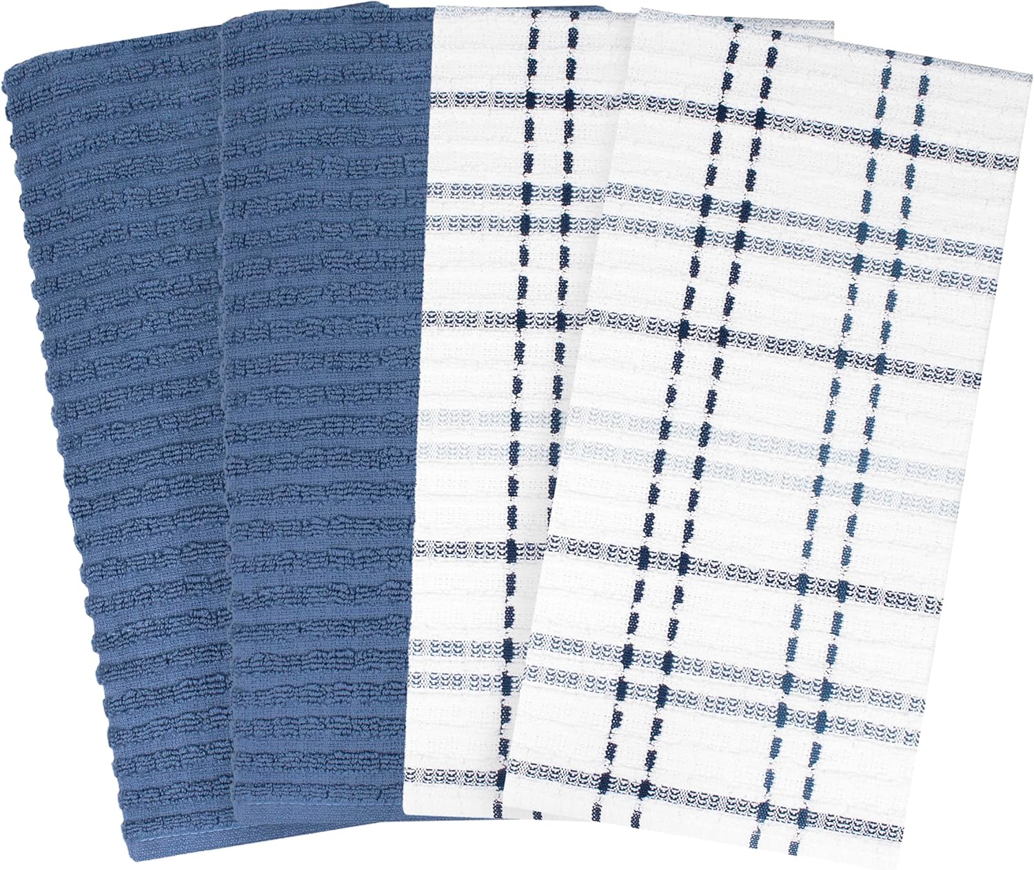 Ritz Royale Collection 100% Combed Terry Cotton, Highly Absorbent, Kitchen Towel Set, 13-3/4" x 12", 4-Pack, Solid & Checked, Federal Blue