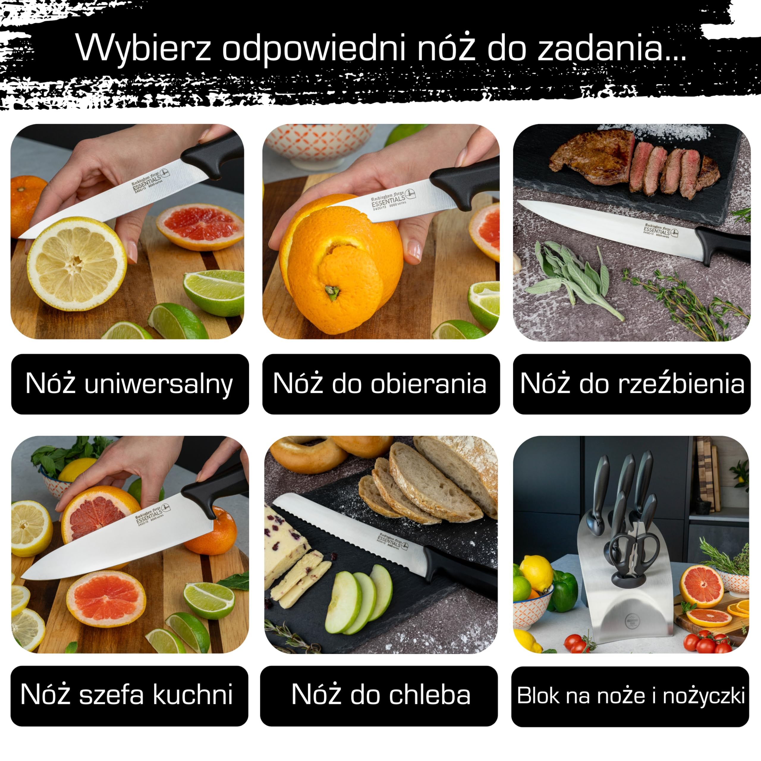 Rockingham Forge 8007 Essentials Range 7-Częściowy Zestaw Noży w Bloku, Stal Nierdzewna, Czarne Uchwyty, 5 Noży, 1 Para Nożyczek i 1 Blok
