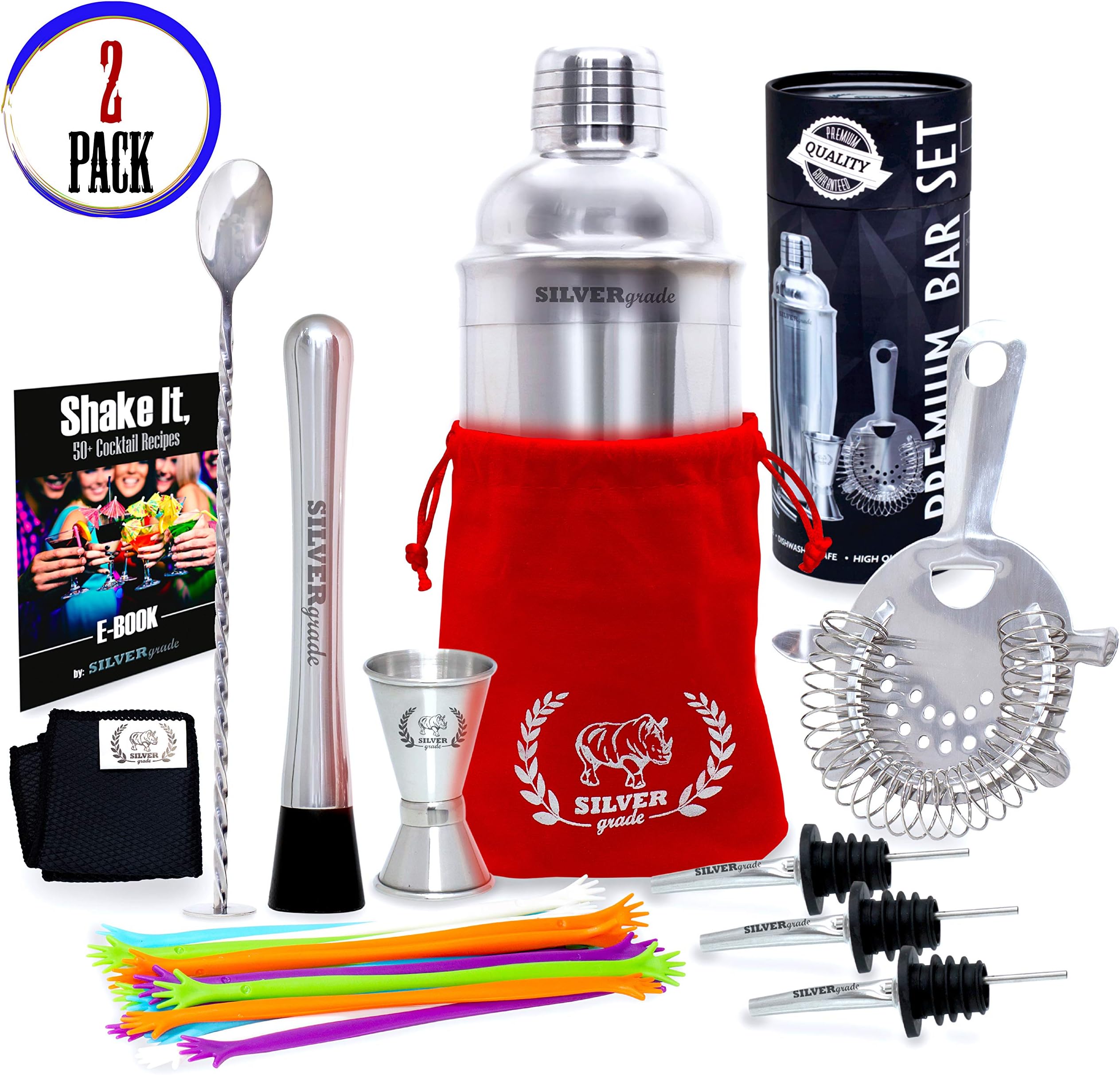 Professional all Inclusive Bartender Kit - Premium Quality- Stainless Steel Construction- Luxury Bag - Cocktail Shaker and all the Accessories you Need - 2 Pack