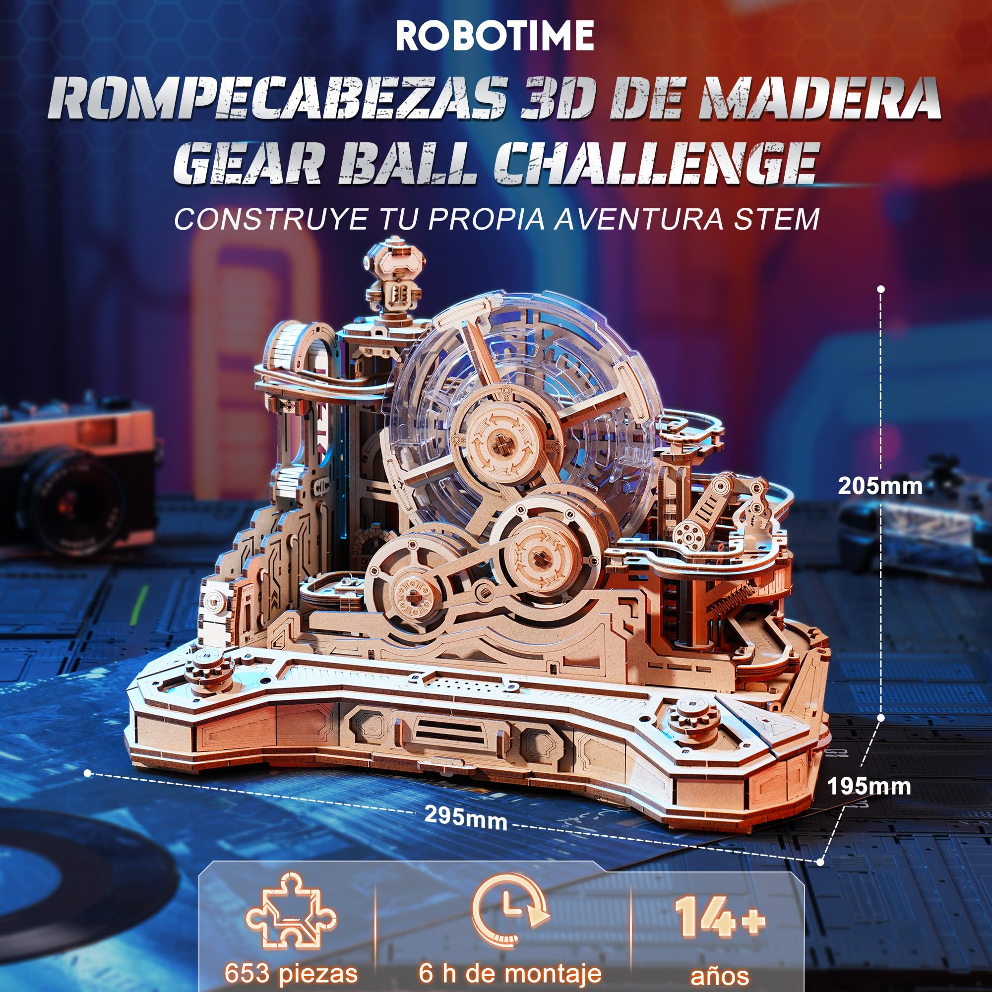 ROBOTIME Gear Ball Challenge EGC01 Puzzle 3D de Madera, Laberinto mecánico de Bola de 653 Piezas con diseño de Mando, Kit DIY para Adultos y Adolescentes 14+