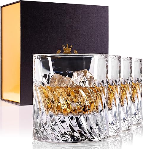 Juego de 4 vasos de whisky de cristal pesado, vasos de whisky antiguos de 10 onzas, vidrio de bourbon grueso congelable para cócteles escoceses,