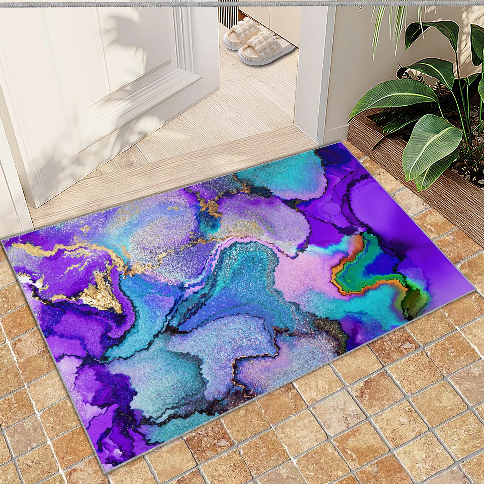 QDJKBL Entrance Rug 60 X 120 Cm Colorful Abstract Marble, Ink Purple Gradient Graffiti Doormats, Entrance Carpet Short Velvet for Entrance Door Entryway