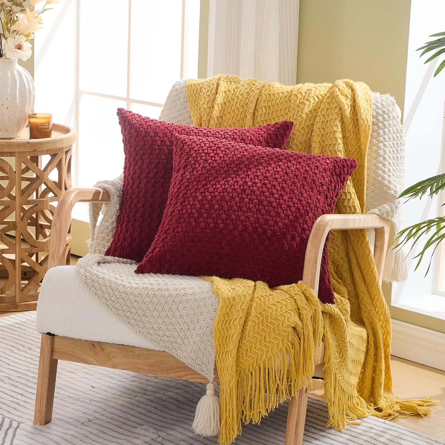 GAWAMAY Decorative Throw Pillow Covers 26x26 Inch Set of 2 for Living Room Couch Bed Sofa, Farmhouse Square Cushion Cover Soft Striped Corduroy Pillow Cases Boho Accent Home Decor (66x66cm) Dark Red