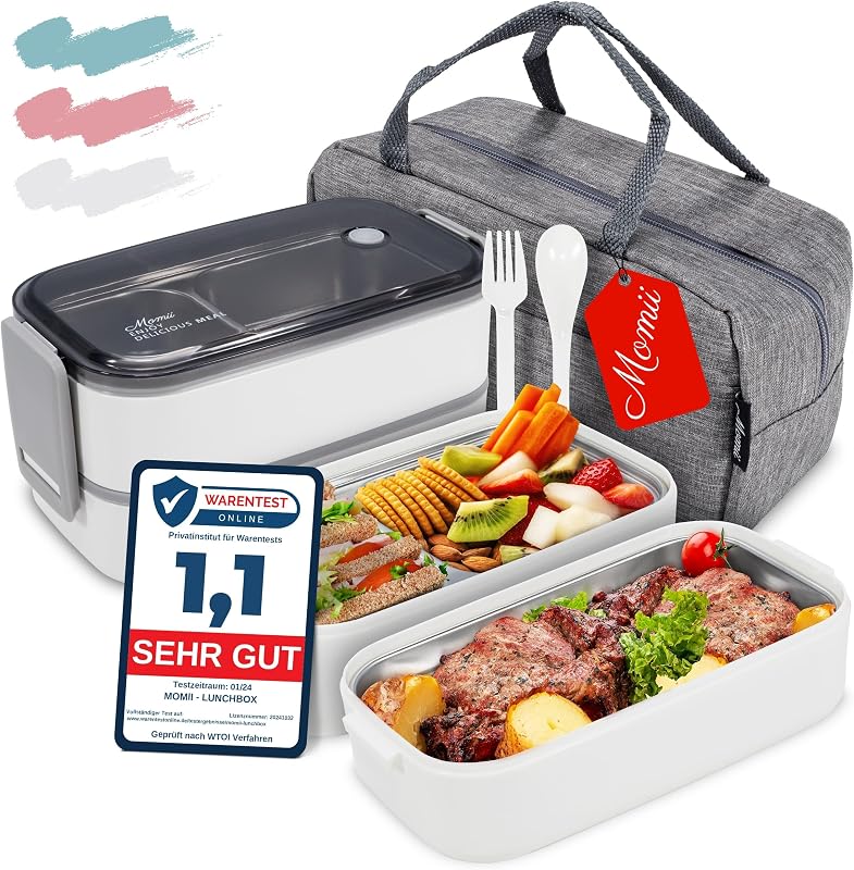 momii Prémium Rozsdamentes Acél Ebéd Doboz Felnőtteknek és Gyerekeknek - Bento Box Rekeszekkel, Hordtáskával és Evőeszközökkel, 800ml, Fehér