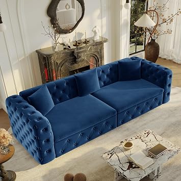 89" Sofa Bed 3-in-1 Convertible Sleeper Sofa Bed, Pull Out Couch 4-Seater Classic Velvet Couch, King Size Sleeper with Tufted Design, Deep Seat Couches for Living Room, Blue
