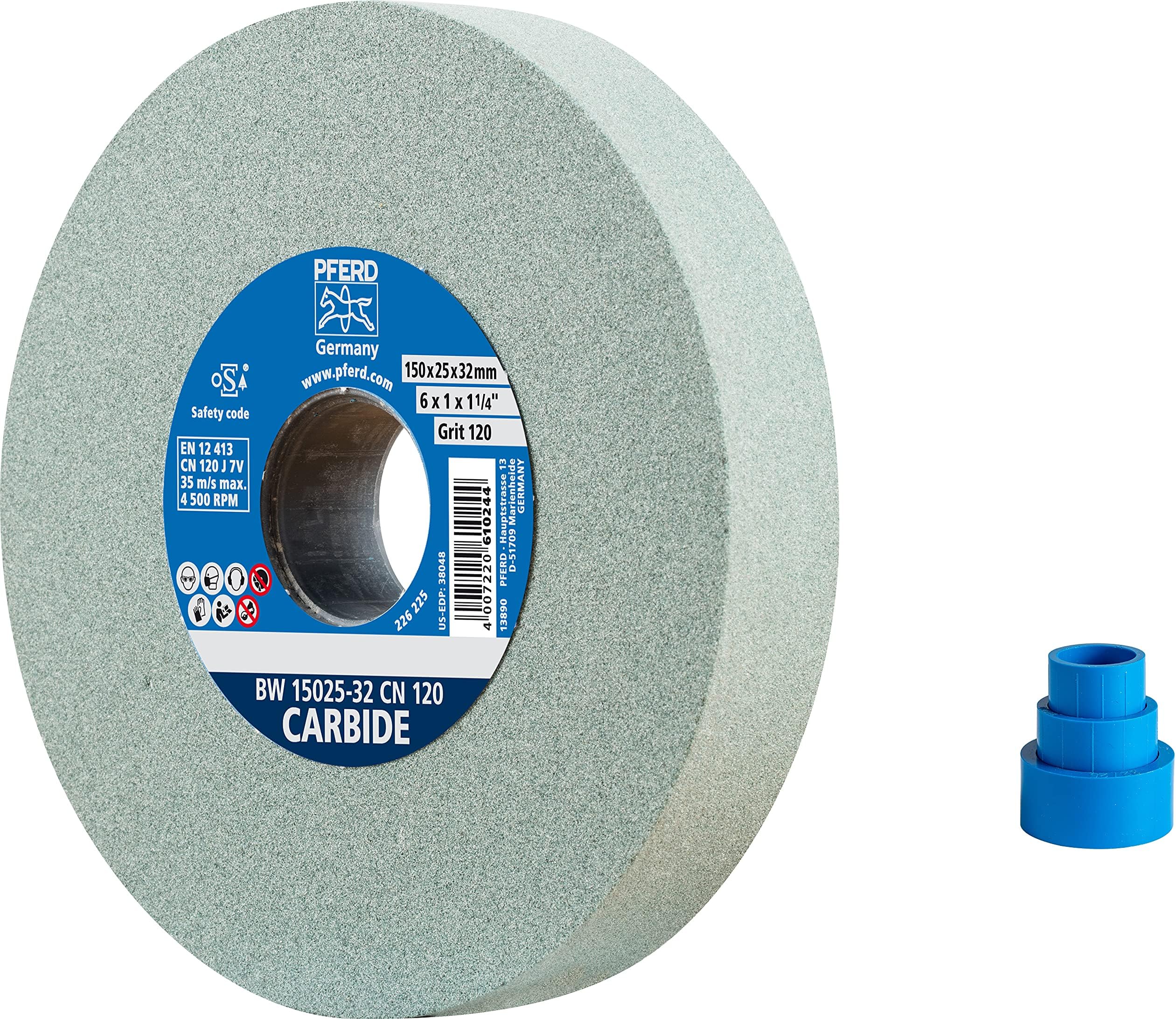 Meule D'Établi Draper Oxyde D'Aluminium 150 Mm X 20 Mm Grain 60 – Grossière & Polyvalente + 5 Bagues De Réduction