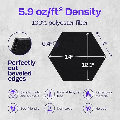 Miniatura 6 de Ekkogo - Paneles insonorizantes de alta densidad para pared, forma hexagonal, paquete de 12 unidades de 14" x 12.1" x 0.4", color negro intenso