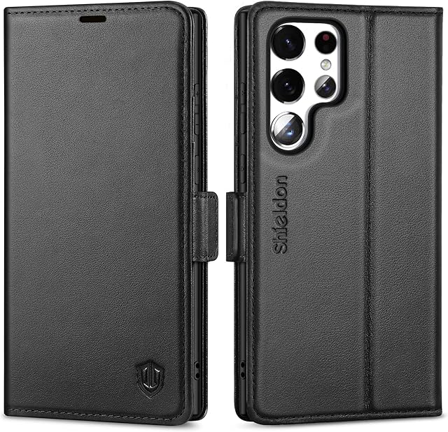 SHIELDON Wallet Case for Galaxy S22 Ultra 5G, Genuine Leather Flip Case with Card Slots, RFID Blocking Viewing Stand TPU Shockproof Book Design Cover Compatible with Galaxy S22 Ultra 6.8" 2022, Black
