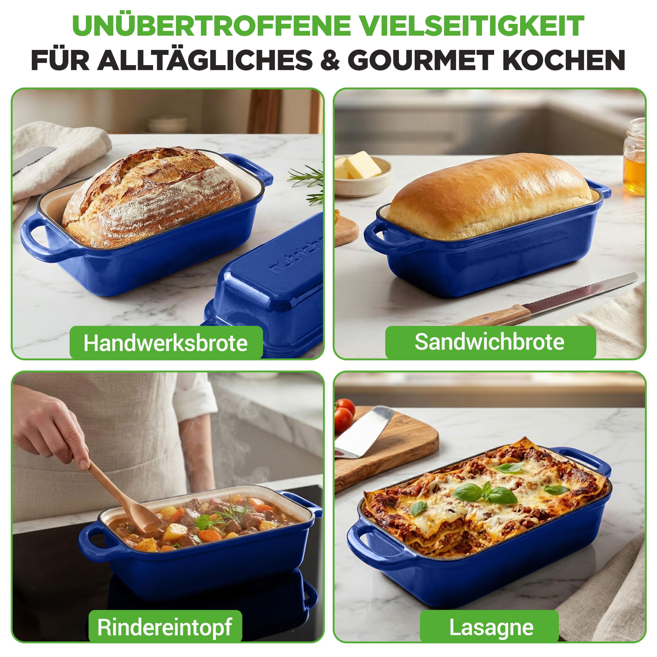 NutriChef Gusseisen Topf - Brotbackform mit Deckel - 22,9 cm Kastenform für Sauerteigbrot, emailliert, inkl. Silikonhandschuhen, spülmaschinenfest, Blau