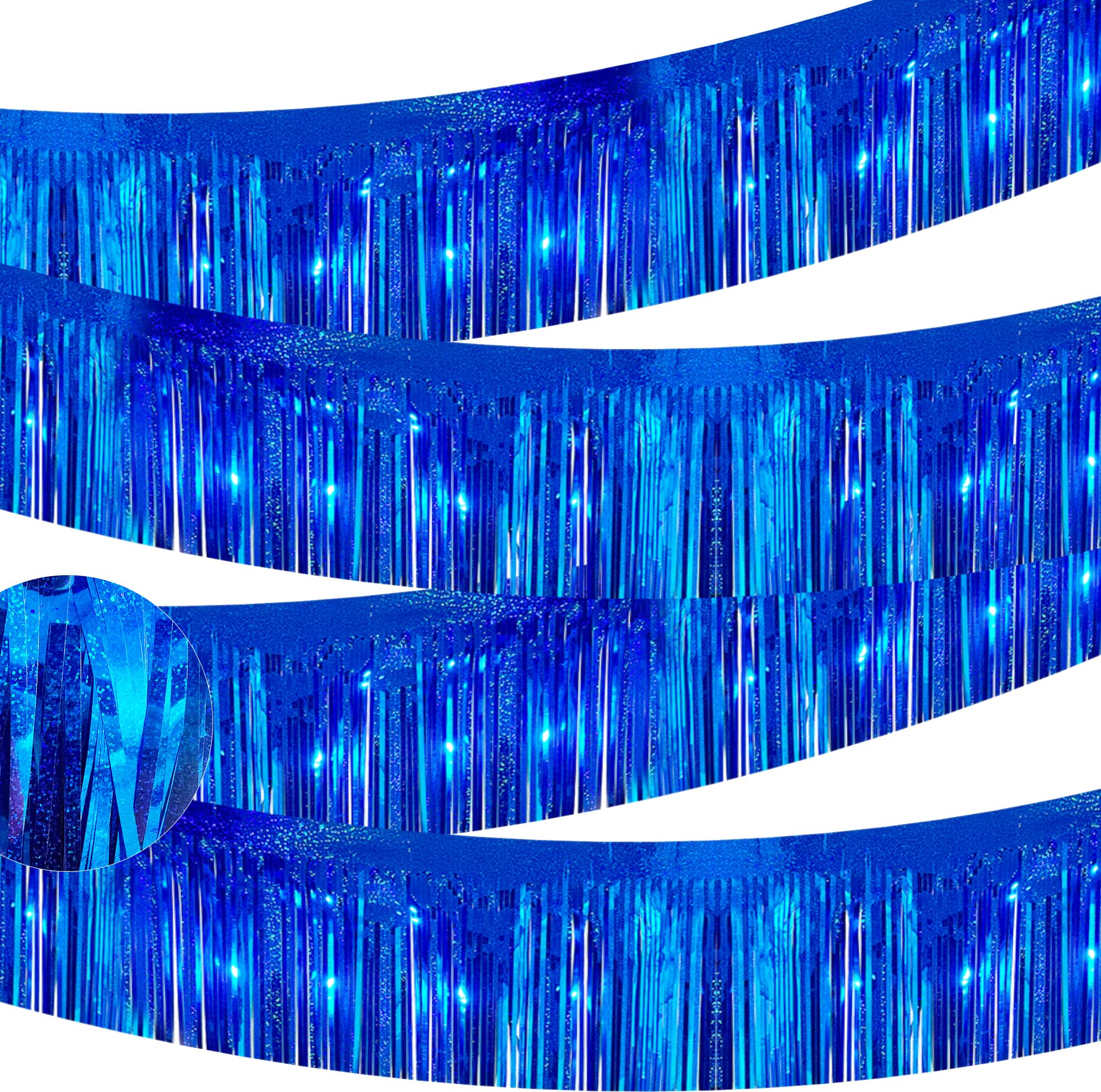4 Packs Total 39 Ft Parade Floats for Trailer Car, Blue Foil Fringe Garland Tinsel Streamers Hanging Backdrop Banner Table Skirts for 4th of July Graduation Homecoming Wedding Birthday Party Decor