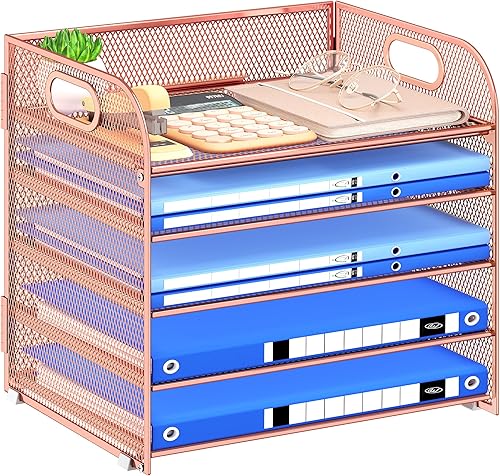 Miniatura 17 de Bandeja organizadora de papel con asa, organizador de escritorio apilable negro de 5 niveles con malla de metal, bandeja de papel resistente para