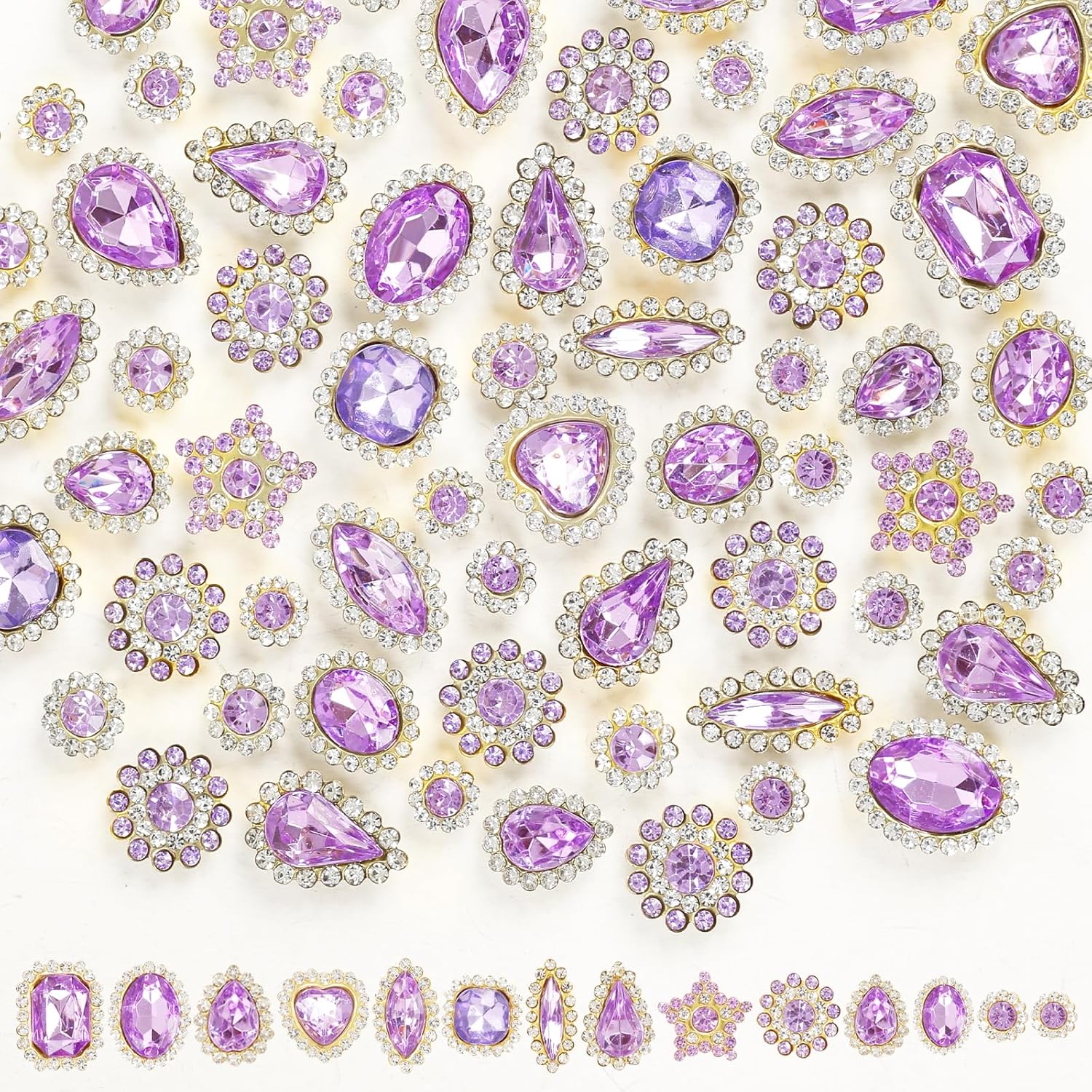 100 Pcs Sew on Rhinestones Mix Flower Shape Crystal Sew on Gems Metal Flatback with Gold Claw Rhinestones for Crafts, Jewelry Making, Clothes, Shoes, Belt, Dress Light Purple
