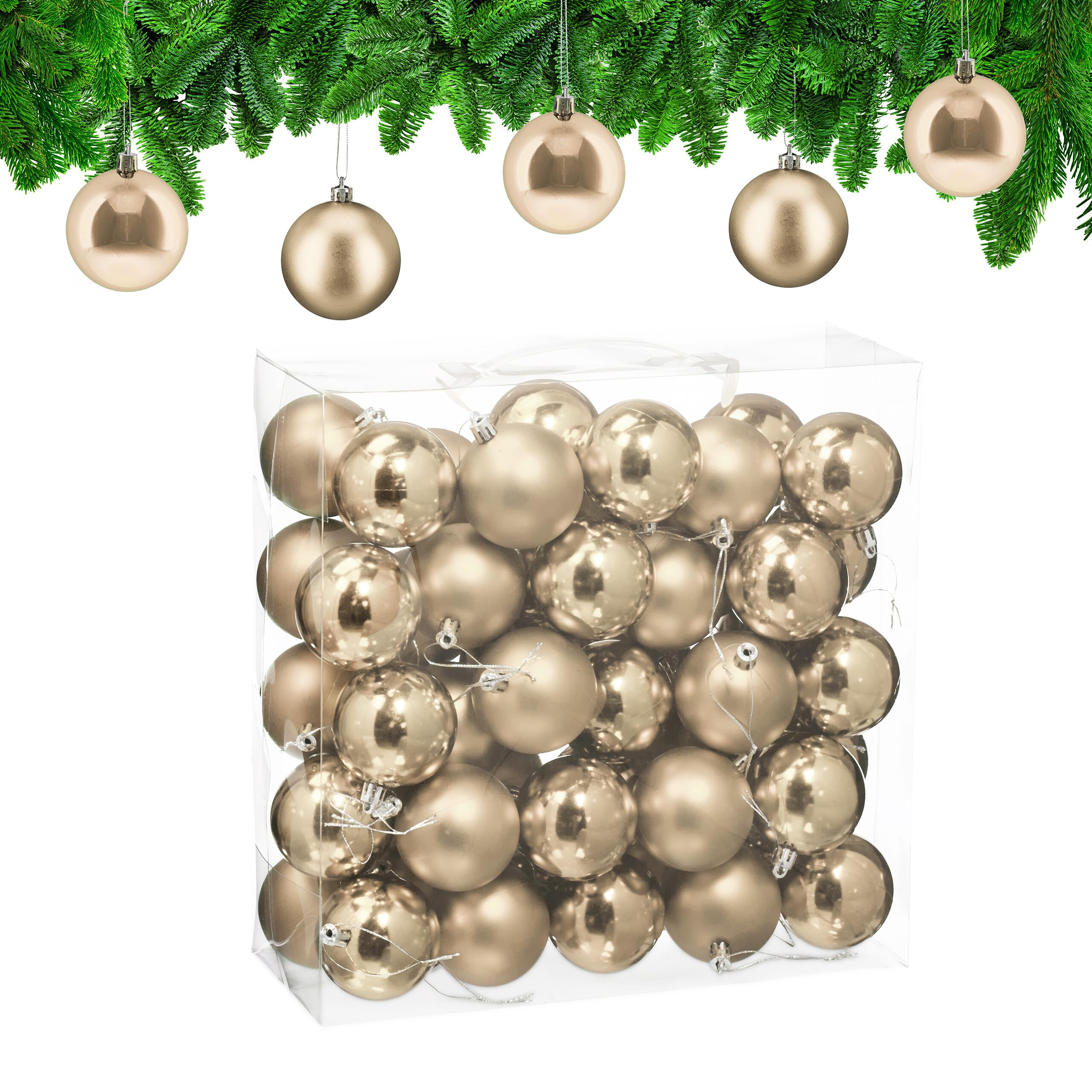 Relaxdays Weihnachtskugeln 50er Set, Weihnachtsdeko, matt & glänzend, Christbaumkugel ∅ 6 cm, Kunststoff, Champagner