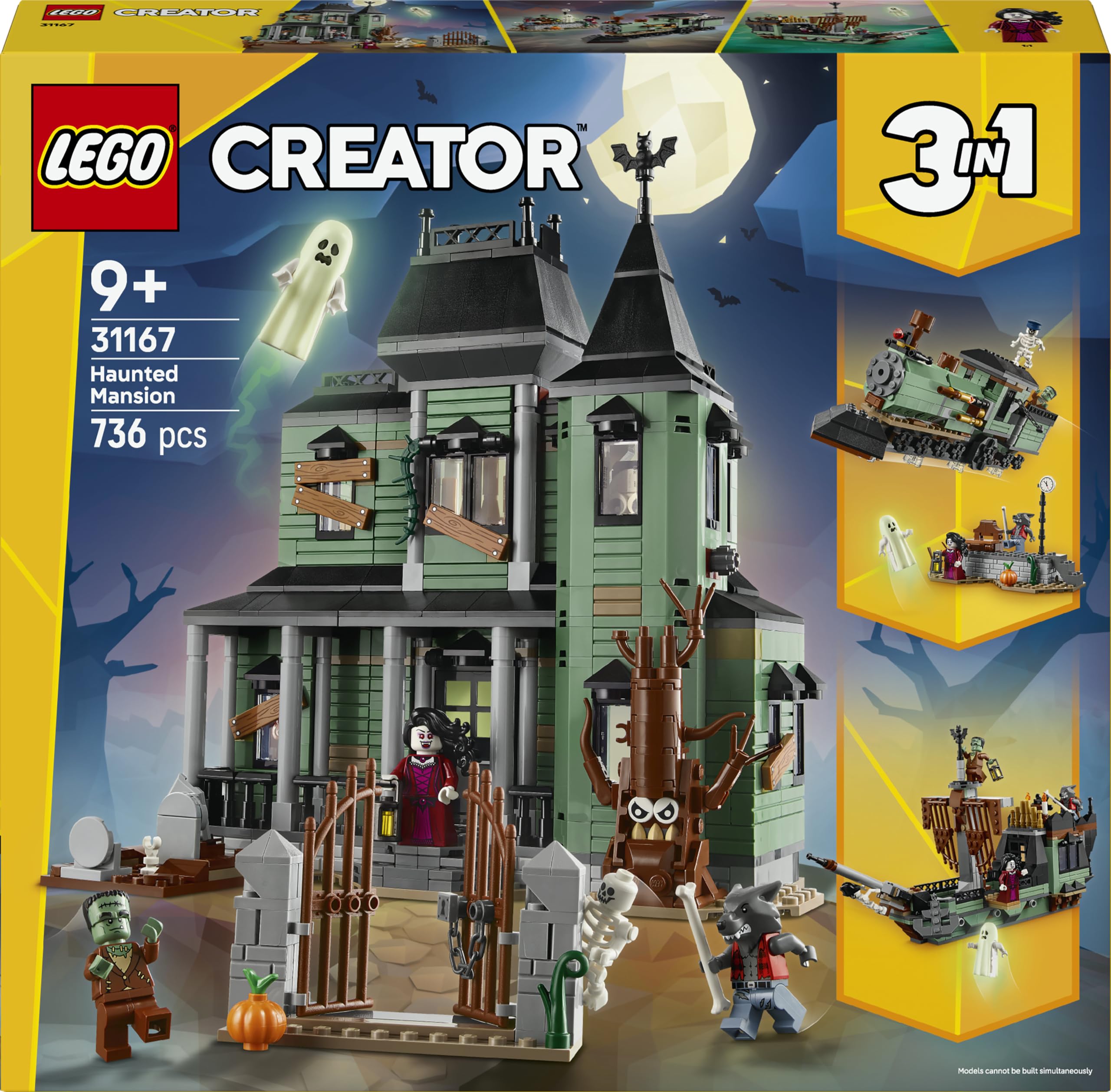 LEGO Creator 3in1 Haunted Mansion 31167 | Toys for 9+ Year Old Boys & Girls, House Transforms into a Ghost Ship or a Train Set, 5 Minifigures, Gift Idea, 736 Pieces