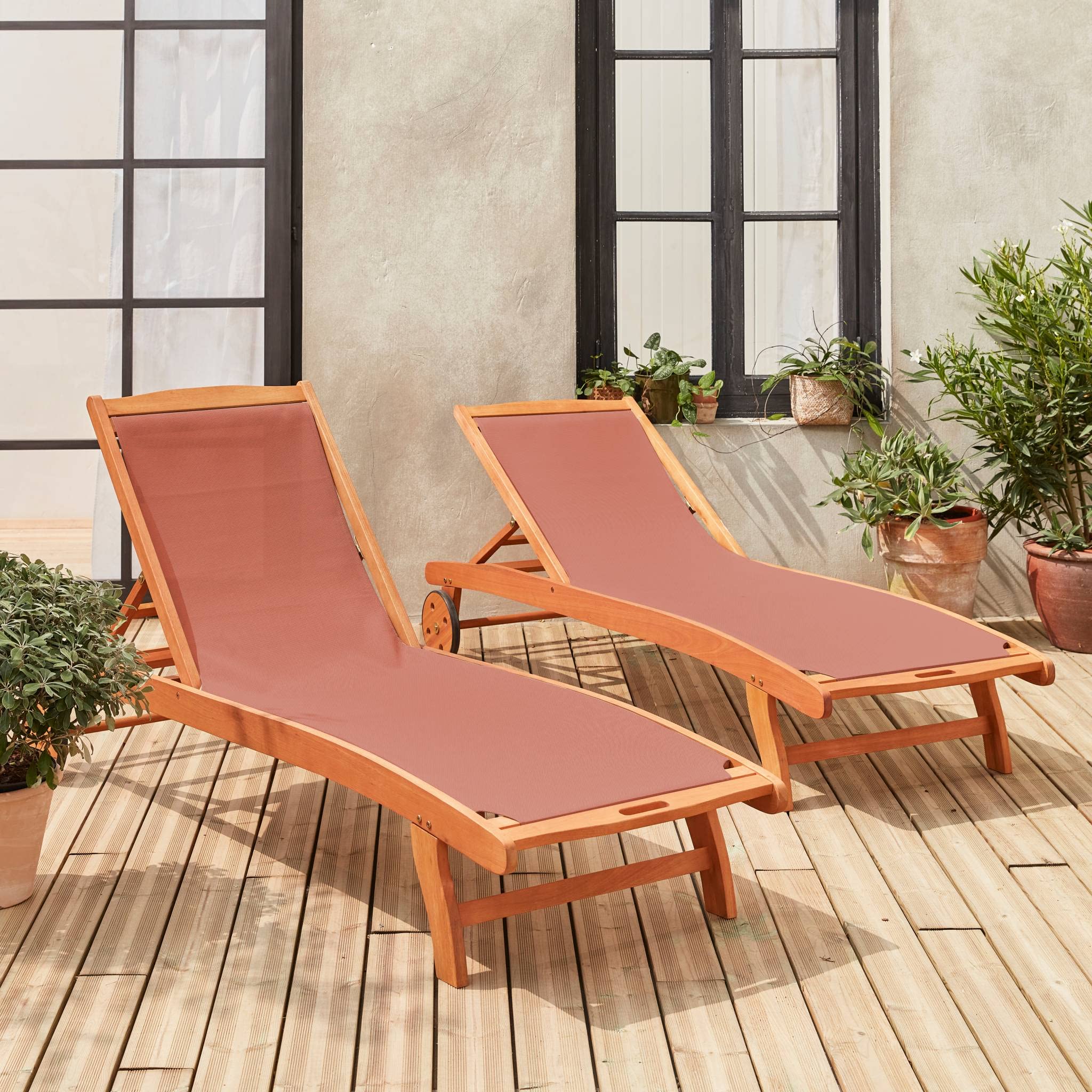 Alice's Garden sweeek-Tumbona de Madera multiposición con Ruedas, Set de 2 Terracota - 196x68x91 cm | Marbella