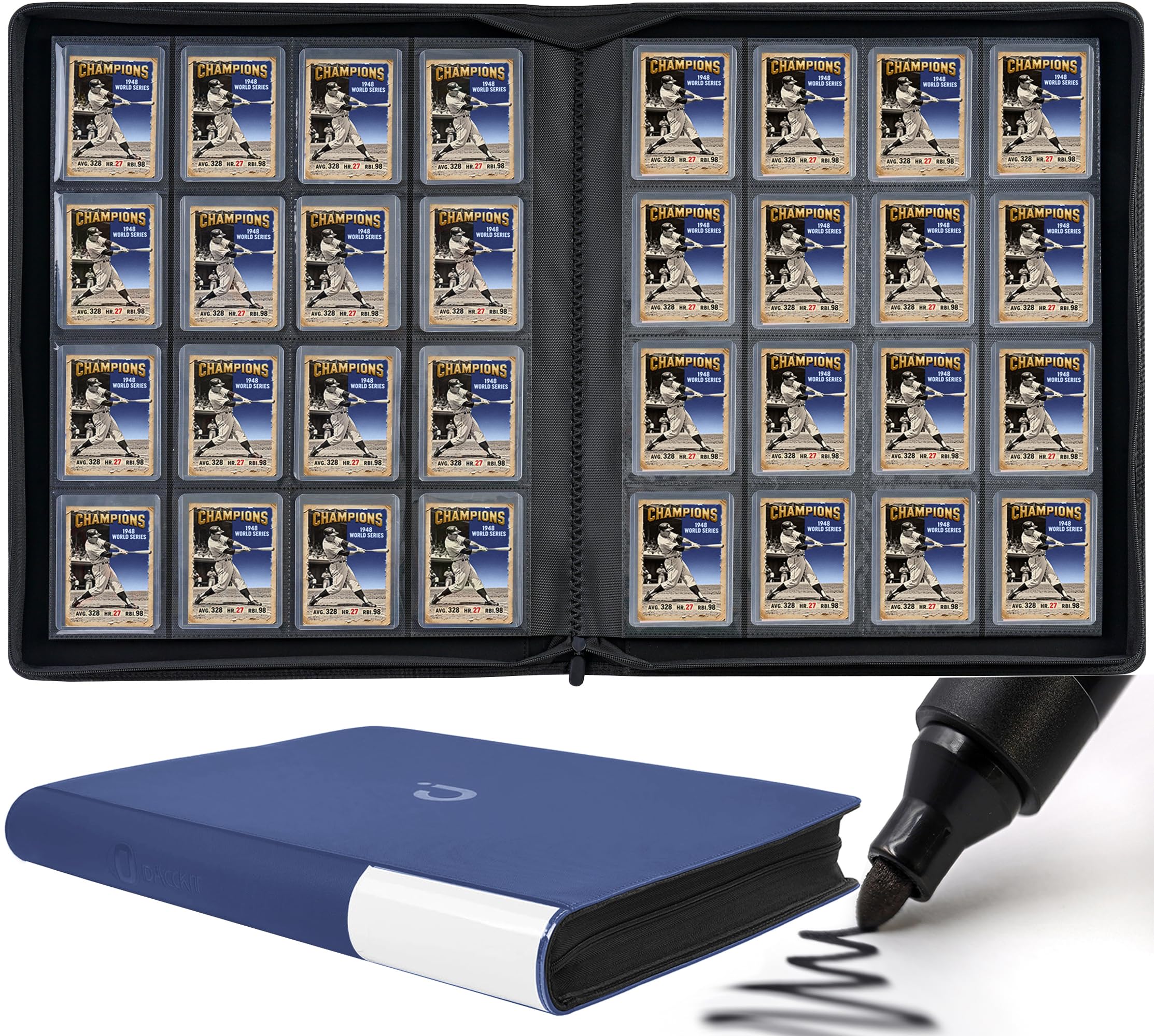 D DACCKIT Toploader Binder, Holds 640 Toploaders - 16-Pocket Top Loader Binder for 3" x 4" Rigid Card Holders for Trading Cards or Sports Cards（Model A，Navy Blue）