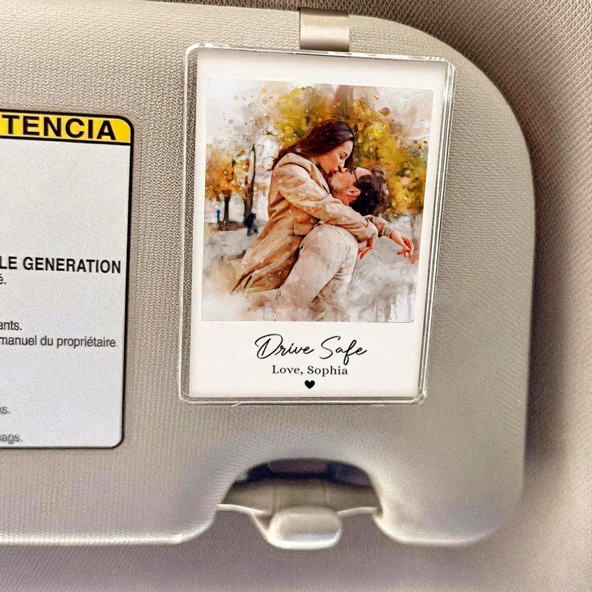 Personalized Watercolor Couple Portrait Photo Car Visor Clip Drive Safe I Love You Car Accessory Custom Photo Gift