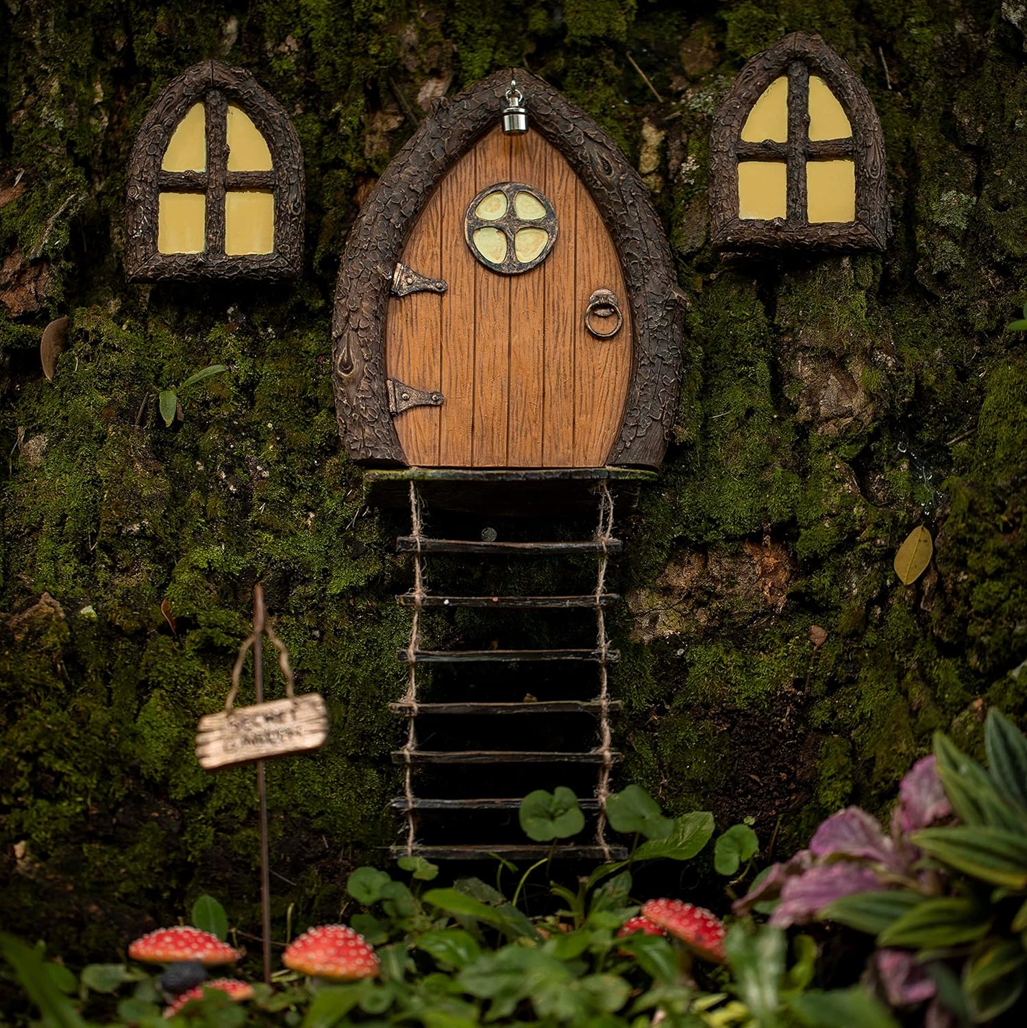 Fairy Door and Windows for Trees – Glow in The Dark Yard Art Sculpture Decoration for Kids Room, Wall and Trees Outdoor | Miniature Fairy Garden Outdoor Decor Accessories with Secret Garden Sign