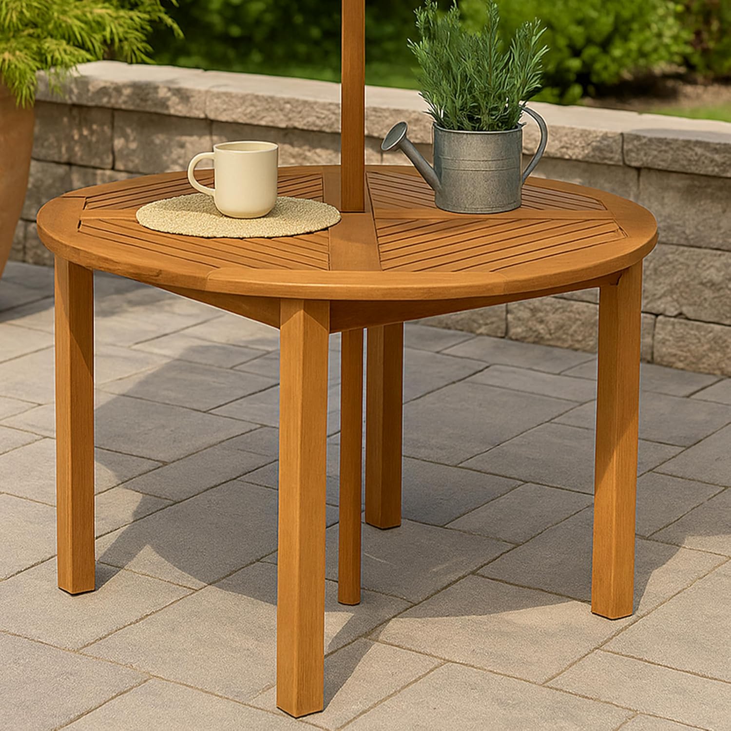 Sunnydaze Outdoor Patio Table with Umbrella Hole for Shade – 42-Inch Round Wood Dining Table for Backyard Gatherings, Outdoor Meals & Comfortable Patio Dining - Teak Oil Finish