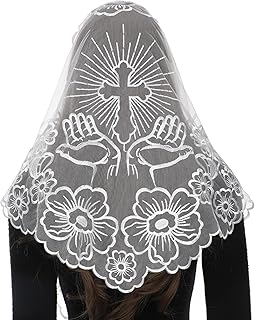Church Veil Triangular Mantilla - Cross Chalice Embroidered Vintage Catholic Mass Veil for Women