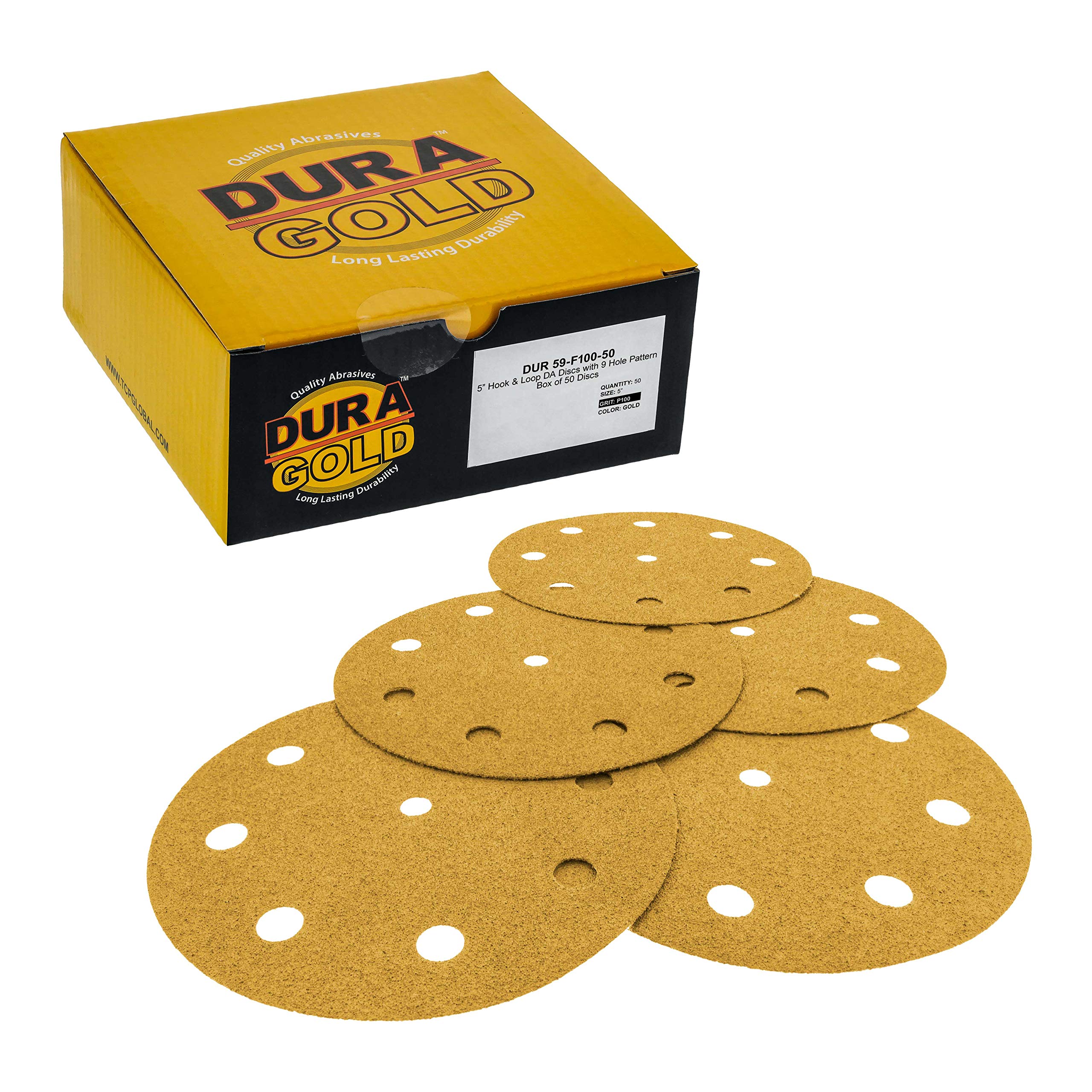Dura-Gold – Premium – 100 Grit – 5 discos de lija dorados – 9 agujeros patrón sin polvo gancho y bucle para lijadora DA, caja de 50 discos de papel de lija de acabado para carpintería o automoción