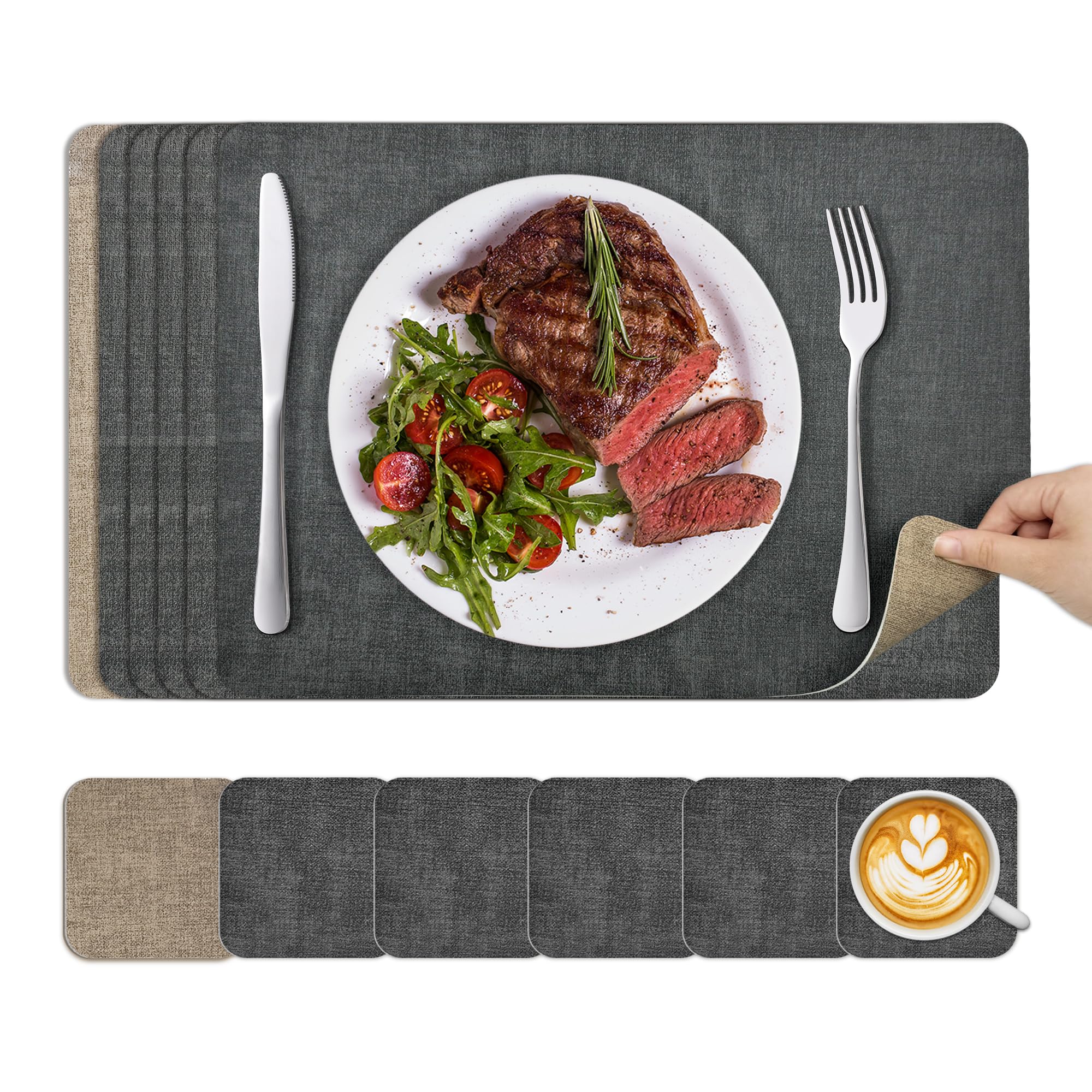 Placemats and Coasters Set 6: KitchenBoss Dual Sided Place Mats for Table, Wipeable Black Dinner Mat Coaster Sets, Non Slip Washable Dining Table Plate Mats，43 * 30cm (Beige)