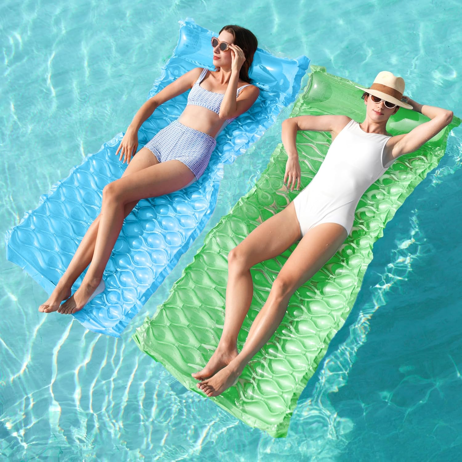 SLOOSH Inflatable Pool Floats Raft,Floating Lounge for Adults,64x32 inch Swimming Mat Pool Mattress with Headrest,2 Pieces Float Air Mat for Summer Water Beach Fun