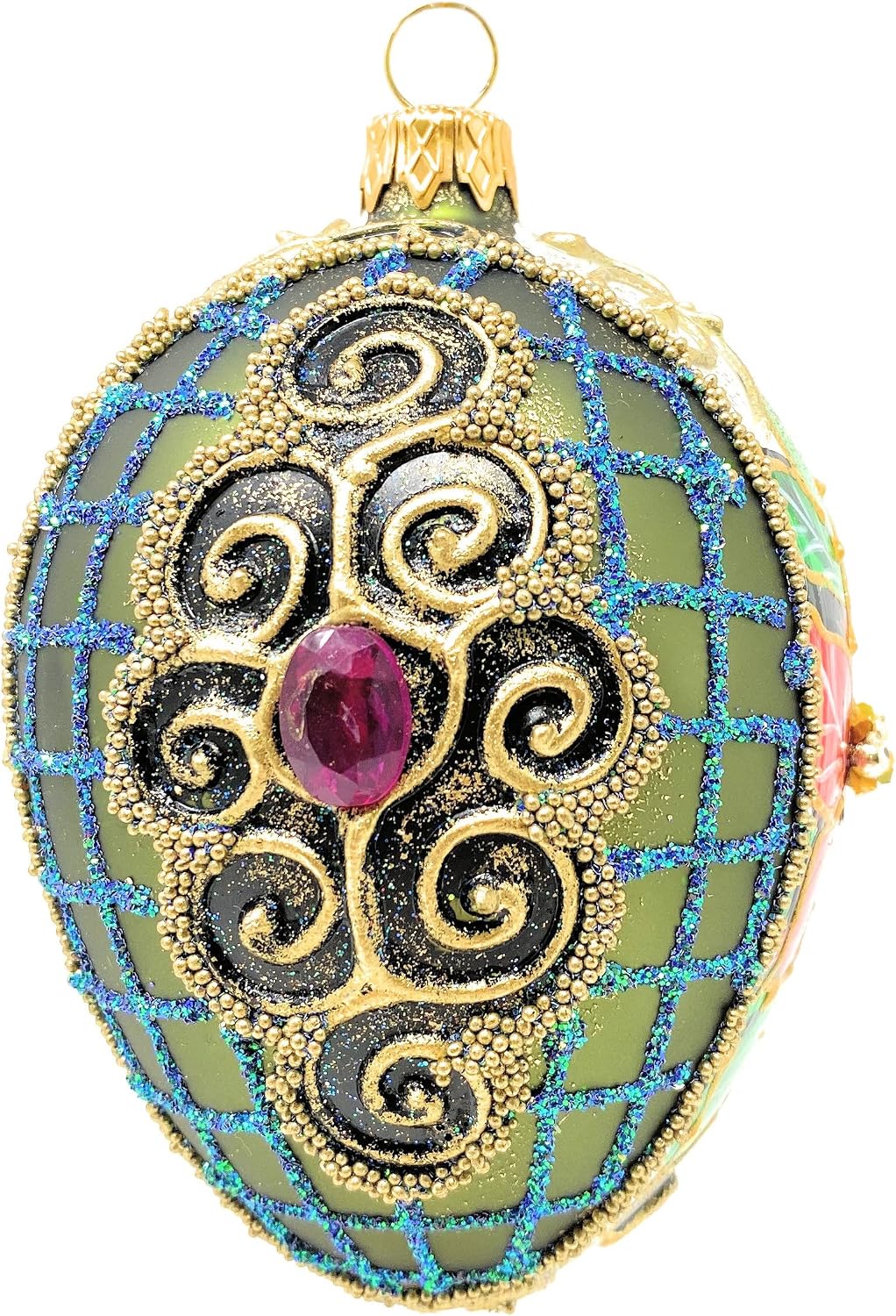Fabergé Egg 5-Inch Blown Glass Christmas Tree Ornament Red Poinsettia (Olive Green, 5")
