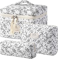 Vista 24 de HBselect Bolsa de Maquillaje Acolchada, 3 Piezas de Gran Bolsa de Maquillaje de Viaje de Algodón, Linda Bolsa de Maquillaje Floral Coquette, Bolsa