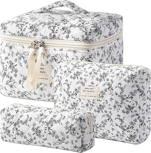 Miniatura 24 de HBselect Bolsa de Maquillaje Acolchada, 3 Piezas de Gran Bolsa de Maquillaje de Viaje de Algodón, Linda Bolsa de Maquillaje Floral Coquette, Bolsa