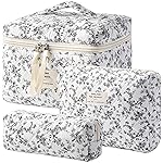 HBselect Quilted Makeup Bag, 3PCS Cotton Large Travel Makeup Bag, Cute Floral Coquette Make up Bag Cosmetic Bag Toiletry Bag for Women Girls