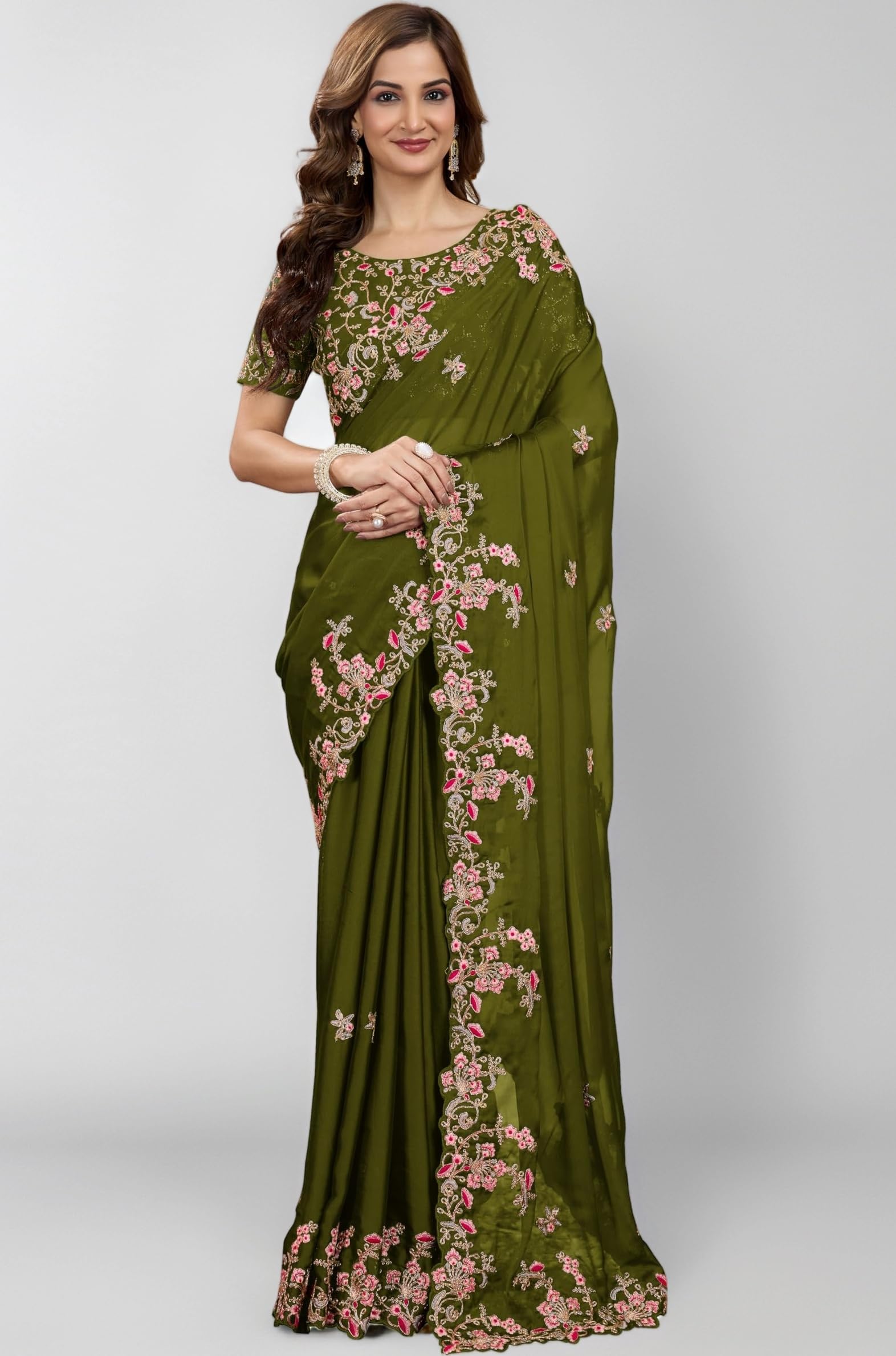 TRENDMALLS Women's Rangoli Silk Embroidery Saree with Unstitch Blouse Piece Saree for Women