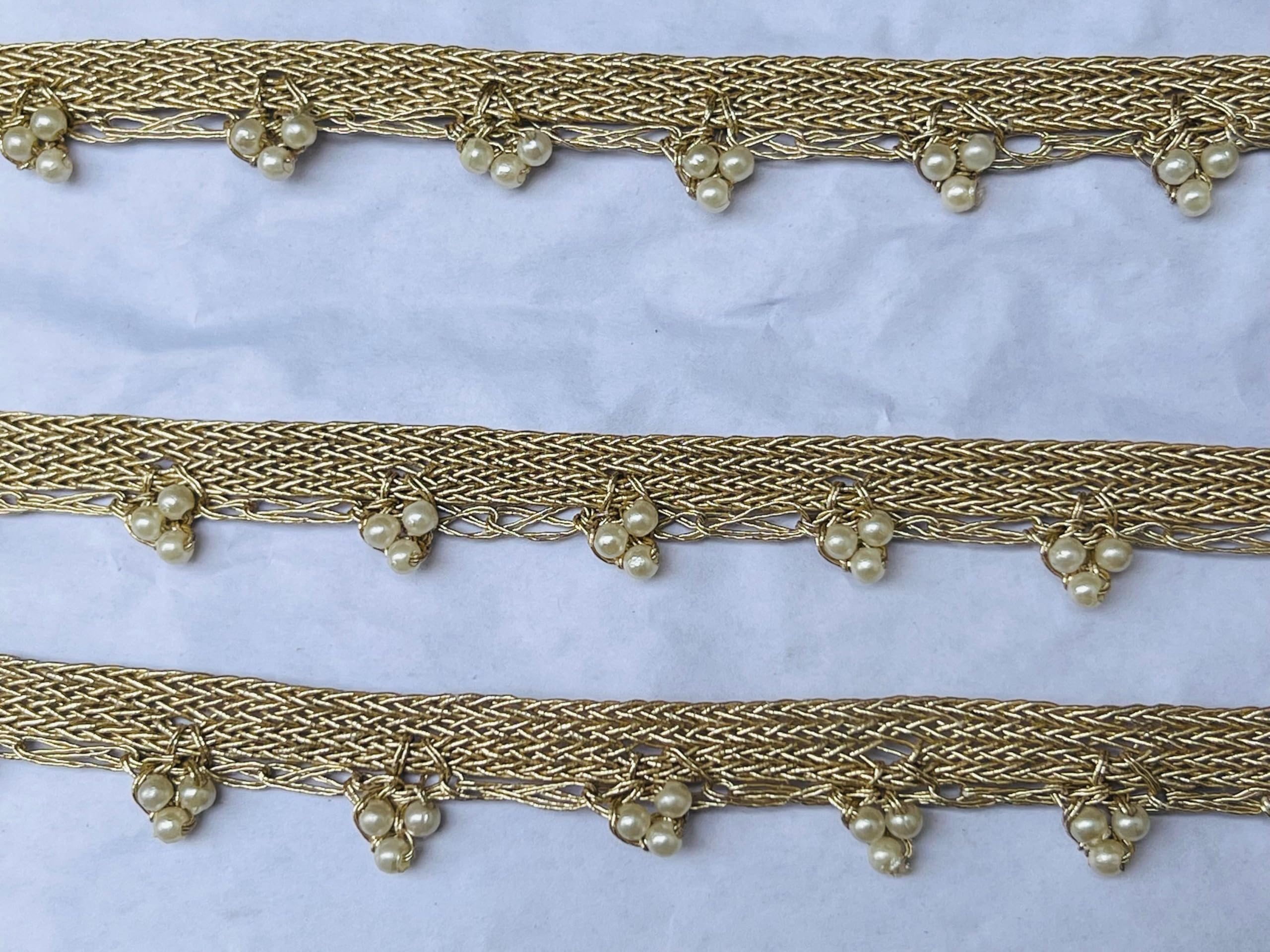 KAVYA FASHION Golden Nalki Pipe with Moti Hanging Lace for Saree Border Finetage - Dresses, Lehenga, Suits, Blouses, Dupatta, Chunri and Craft (9 Meters; 354 inch) (White Moti Hanging) 1