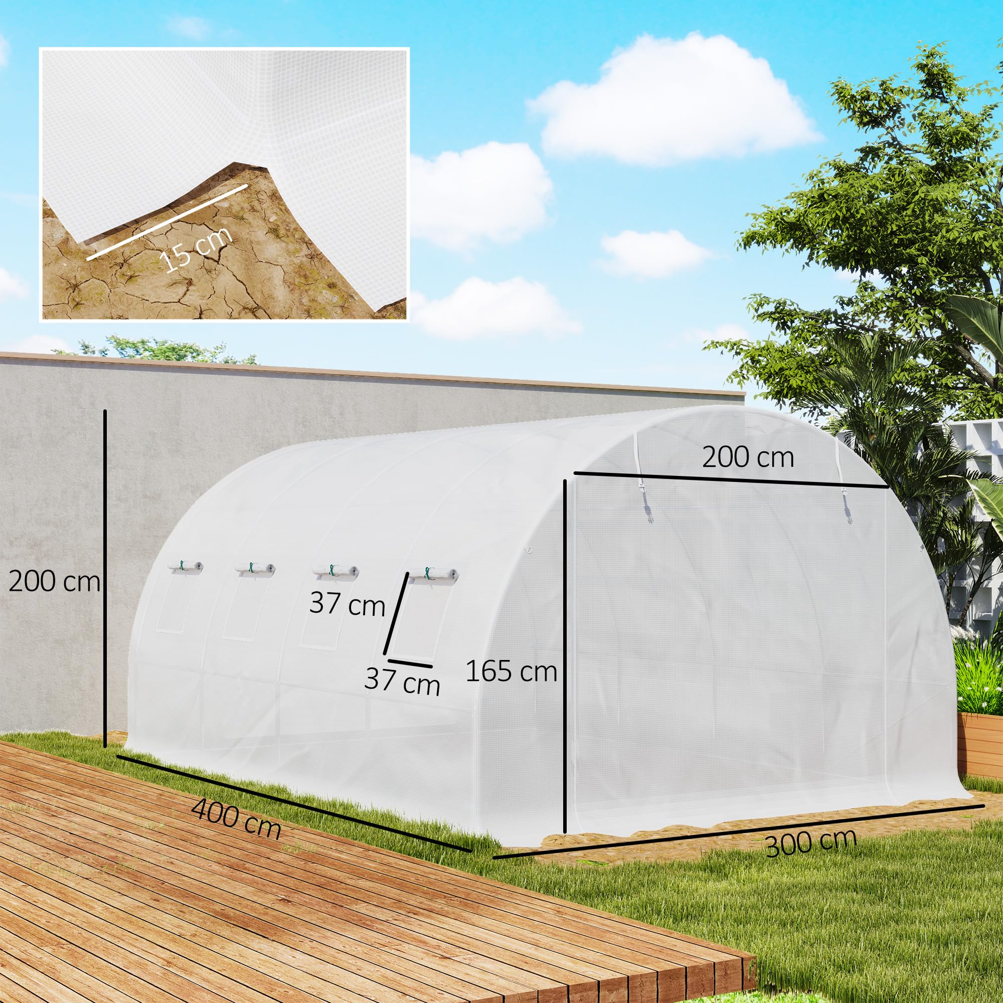 Outsunny Cubierta de Invernadero PE 4x3 m, Lona de Invernadero con 8 Ventanas, Puerta Enrollable y Bordes Enterrados, Protección UV, para Agricultura, Plantas, Huertos y Jardín, Blanco