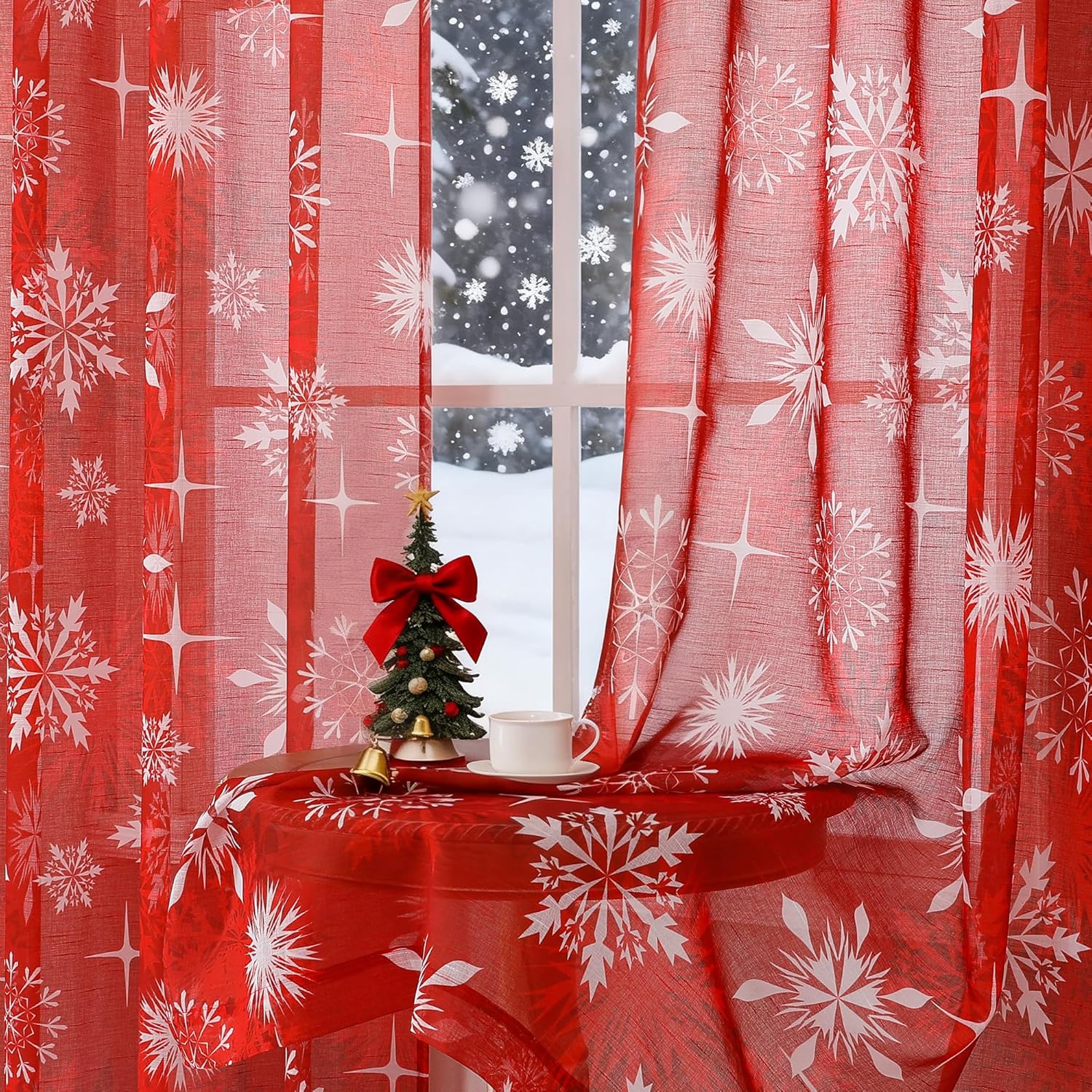 BROSHAN Red Christmas Sheer Curtains 84 inch Length- Xmas Holiday Bedroom Curtains 2 Panels Set White Snowflake Patterned Light Filtering Window Curtain Drapes for Living Room Decoration