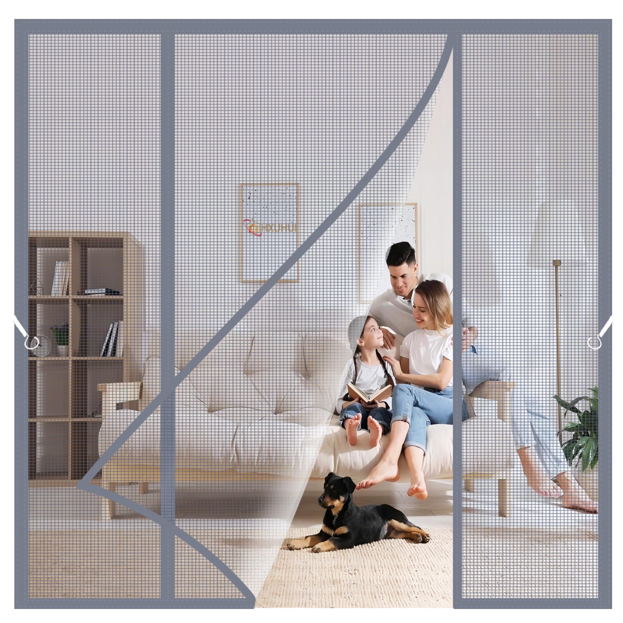 Hxuhui Grey Fiberglass Magnetic Fly Screen For Double Doors 155X205cm Smooth And Silent Magnetic Seal For Hassle-Free Daily Use Perfect For Home Entrance & Patio