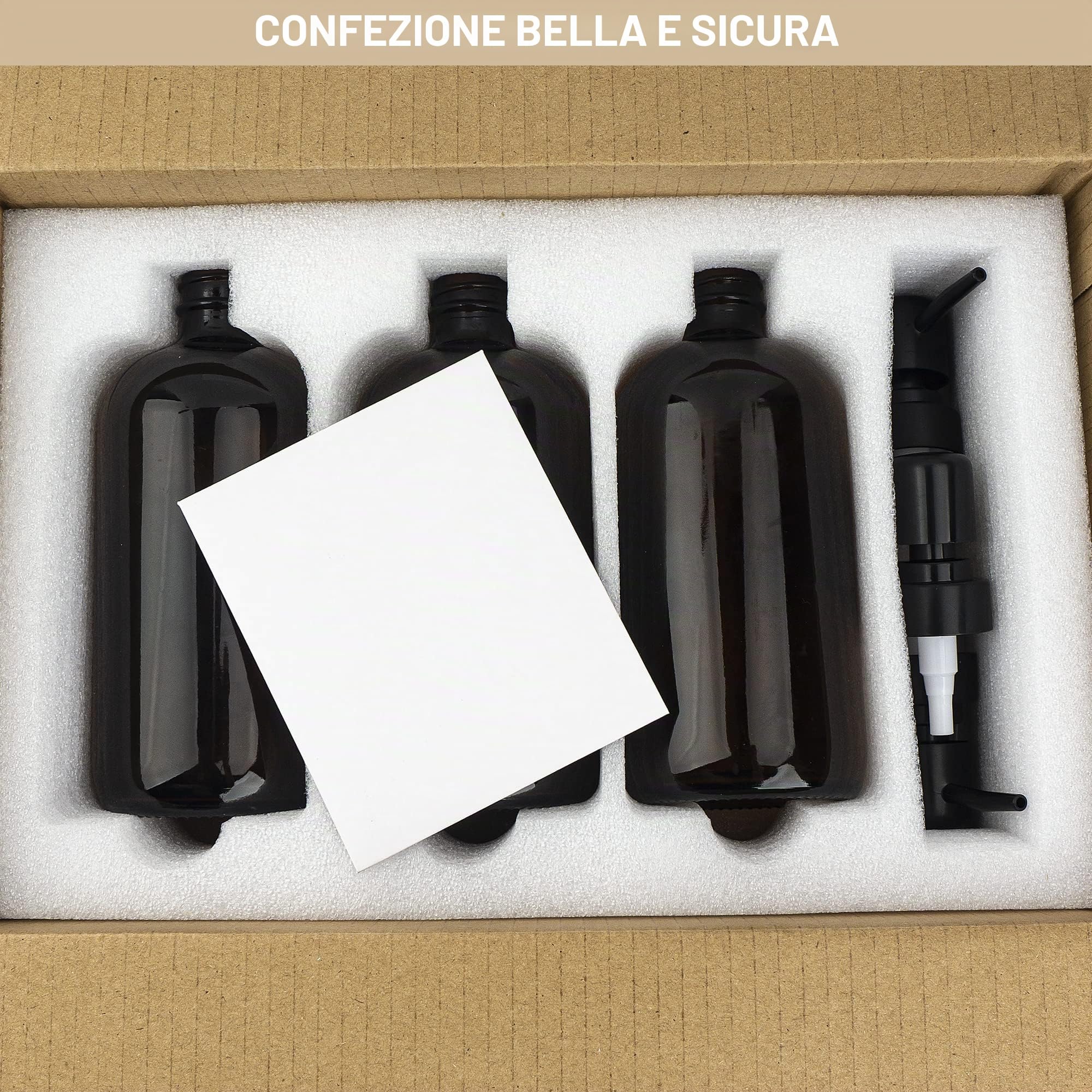 Set di 3 dispenser di sapone in vetro ambrato da 500 ml, con 22 etichette bianche, contenitore per bottiglie di liquido da bagno con pompa nera