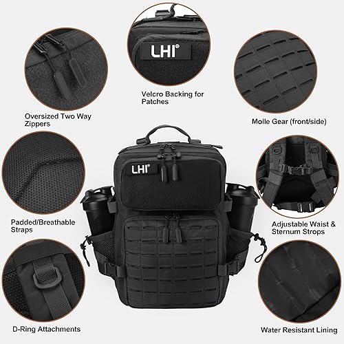 Miniatura 6 de LHI Mochila militar táctica para hombres 25L45L grande Molle Army Assault Pack 3 Day senderismo mochila con soporte para botella