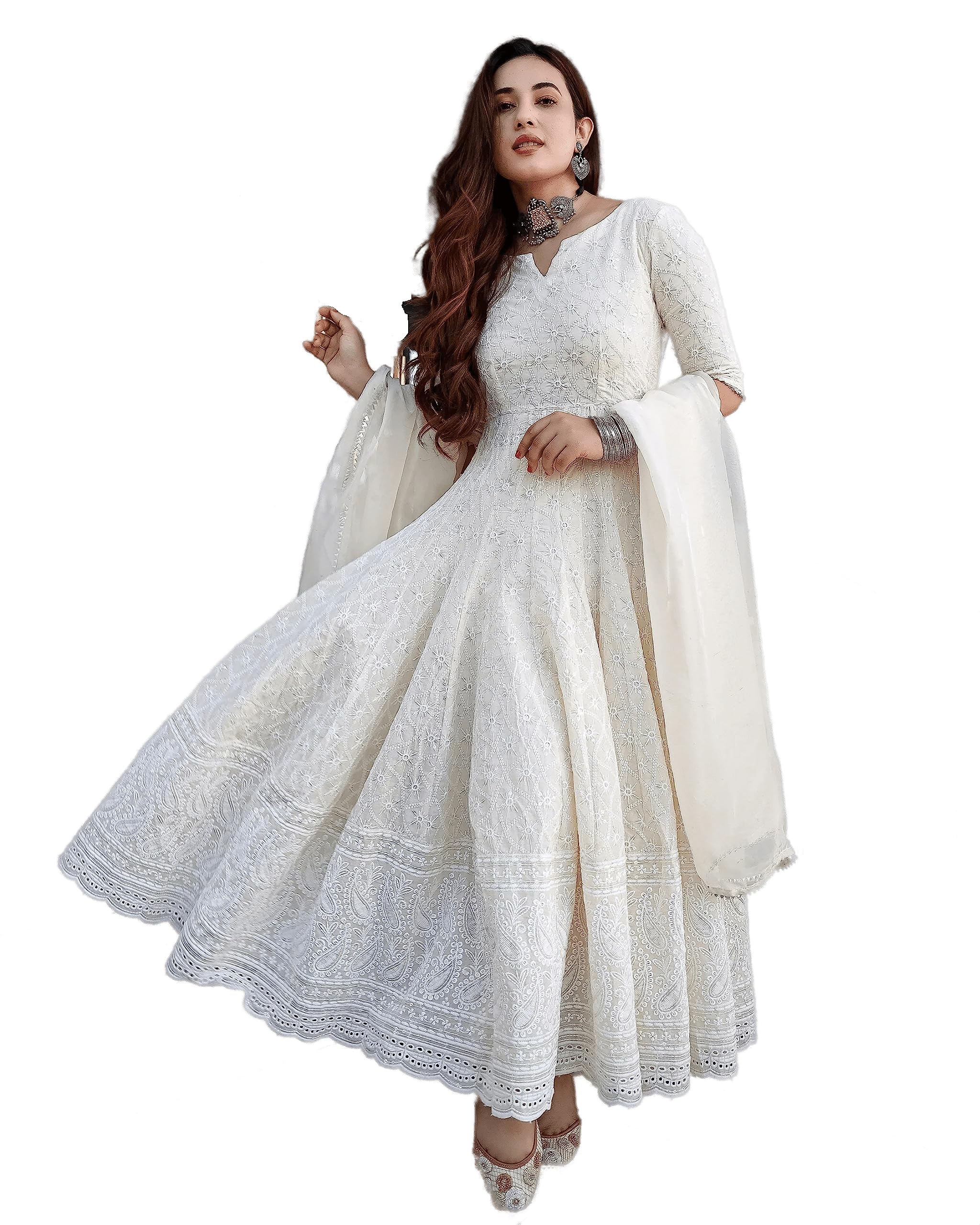 Royal ExportWomen's Flared Embroidered Cotton Gown || Anarkali Gown Dress || Ethnic Gowns || Pant Not Included