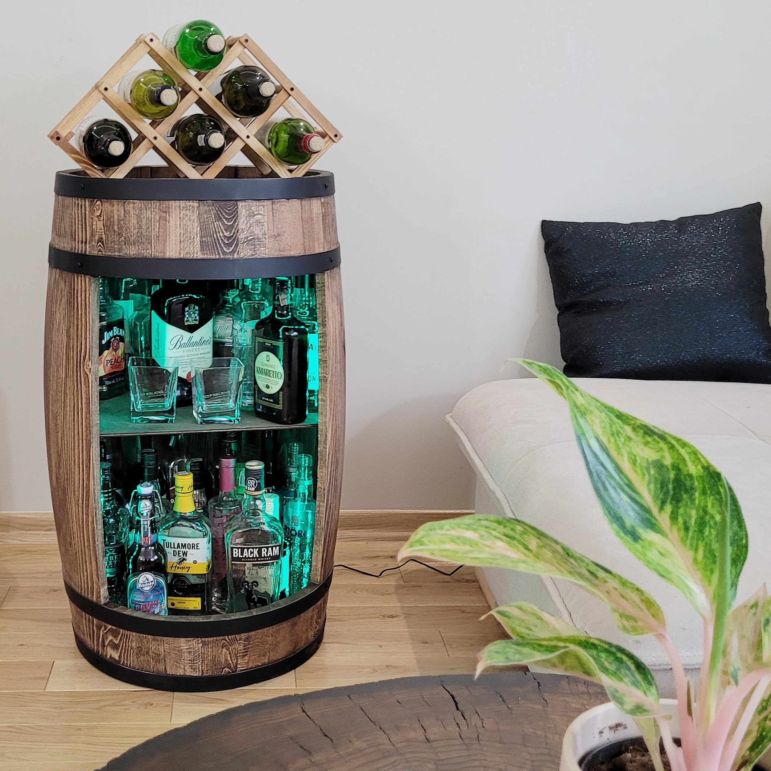 WEECO Tonneau Bar en Bois avec Éclairage LED RGB – Casier à Vin avec 2 Étagères et Porte-Bouteilles – Bar Meuble Rustique – 80x50cm – Marron Foncé