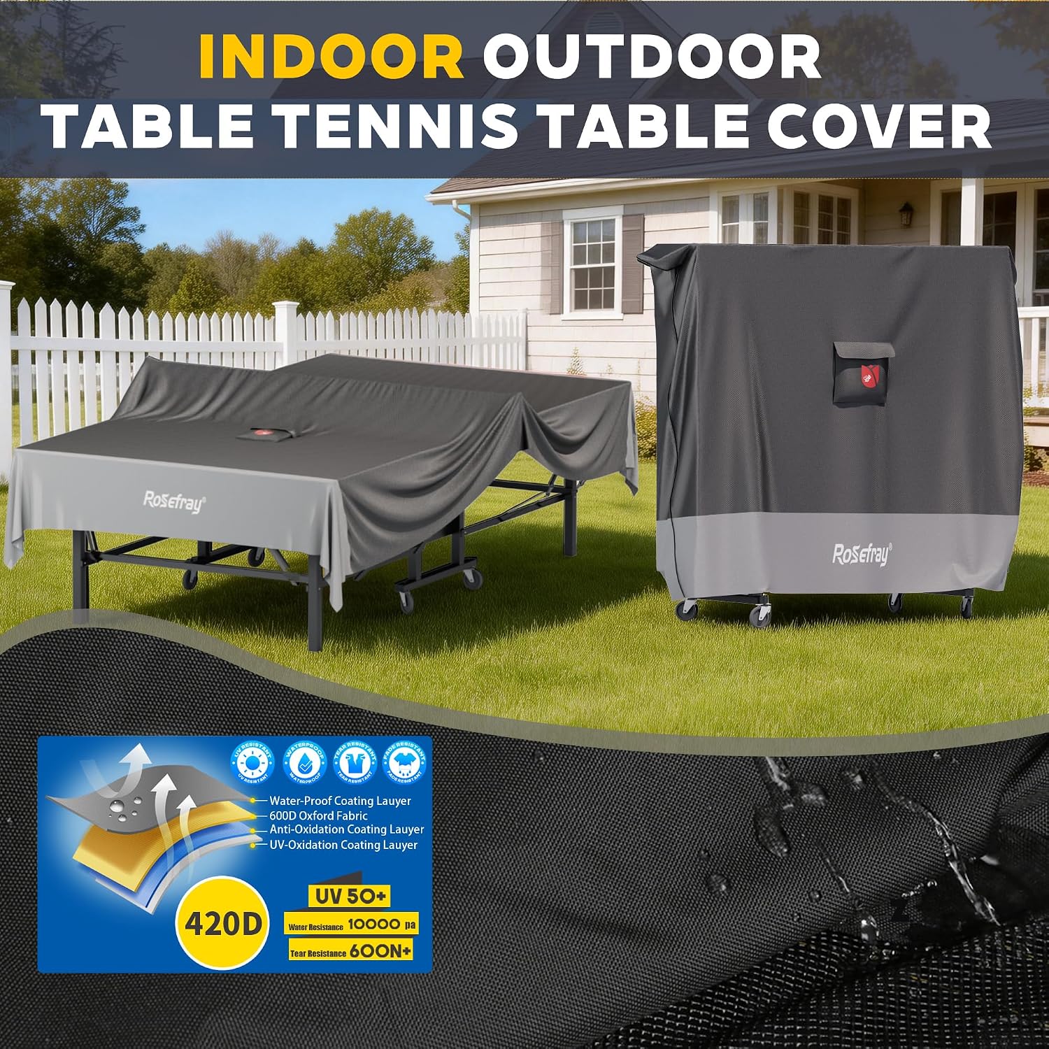 Ping Pong Table Cover,420D Waterproof Heavy Duty Table Tennis Table Covers Fits 9 x 5 FT Both Folding & Flat Tables for Indoor Outdoor Use with Paddles Storage Bag