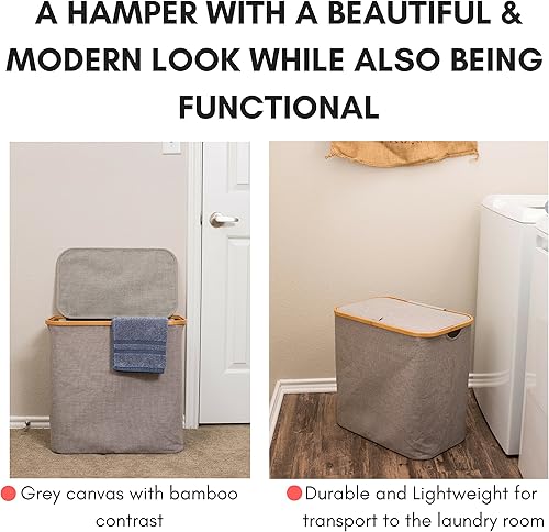 Miniatura 2 de BirdRock Home Cesta de bambú y lona | Cesta de lavandería individual con tapa | Cesta plegable | Asas recortadas