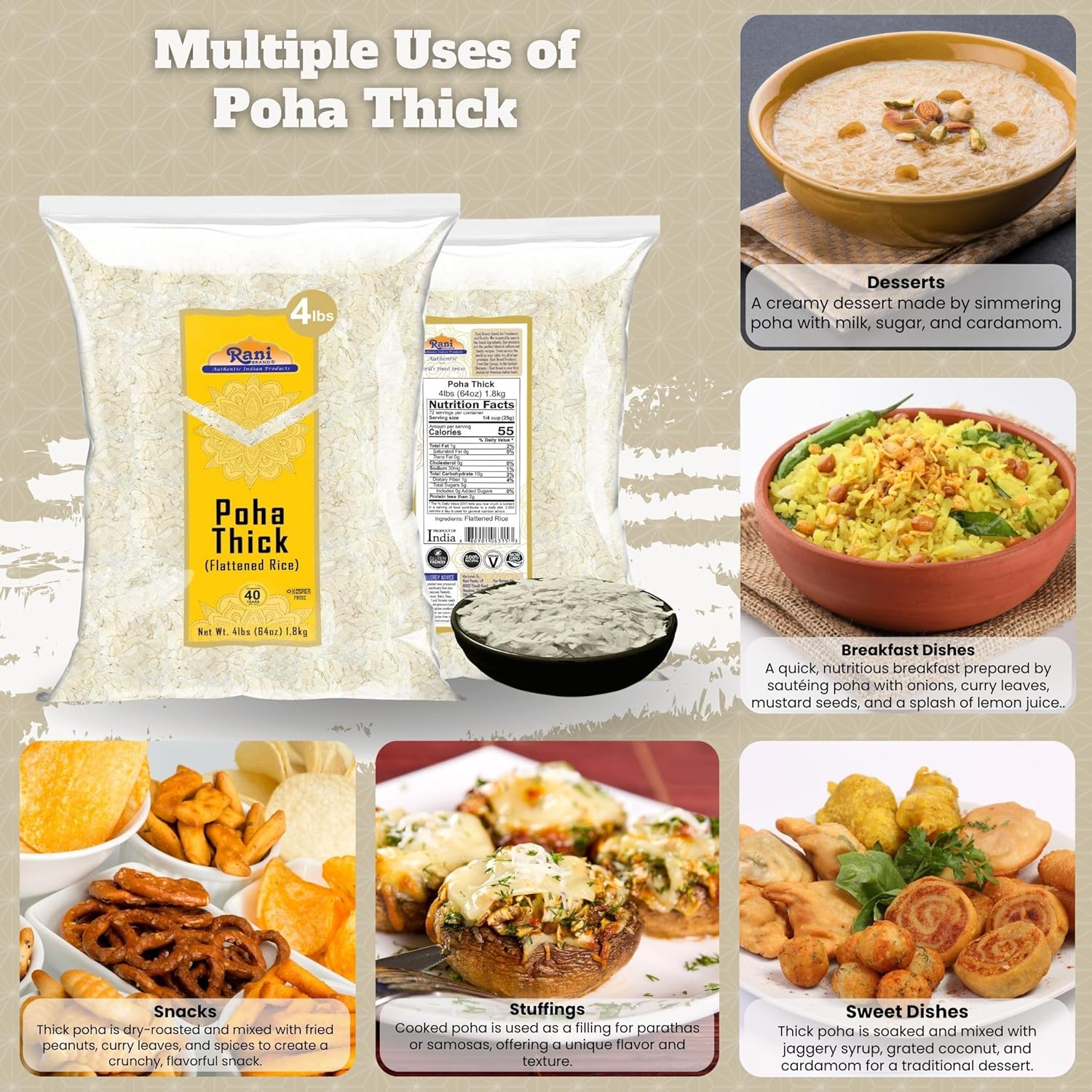 Rani Poha (Powa) Thick Medium-Cut (Flattened Rice) 64oz (4lbs) 1.81kg ~ All Natural, Salt-Free | Vegan | Kosher | No Colors | Gluten Friendly | Indian Origin (Pack of 2)