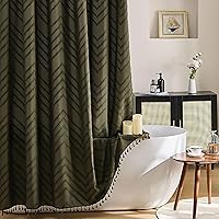 Vista 21 de Cortina de ducha bohemia rosa de tela tejida con borlas blancas, bonita cortina de ducha moderna de granja con textura tufted de chevrón a rayas