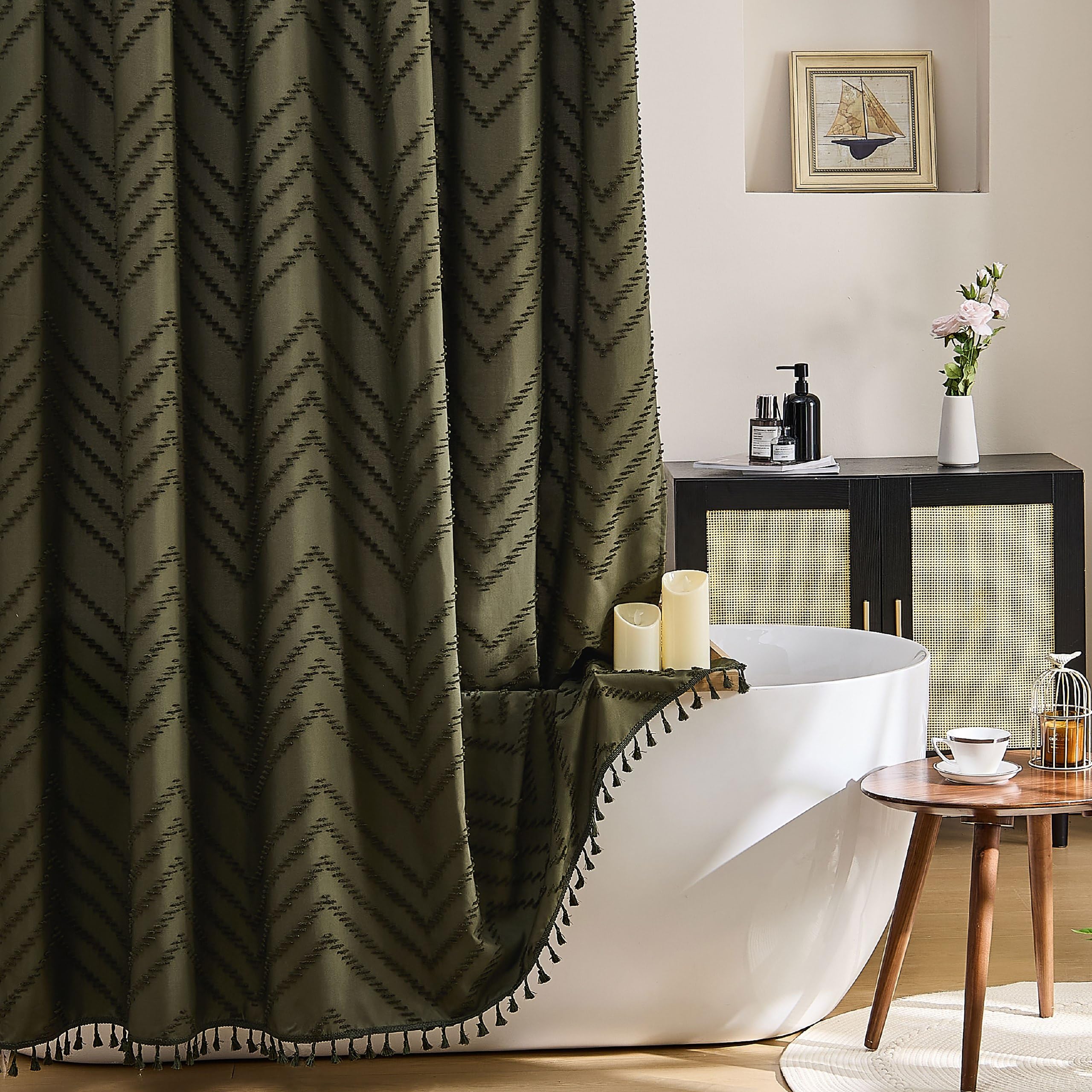 Siiluminisoy Long Shower Curtain Olive Green Boho Shower Curtain with Tassel for Bathroom, 72 x 78 Woven Fabric Modern Textured Tufted Chevron Striped, Machine Washable โ image 1