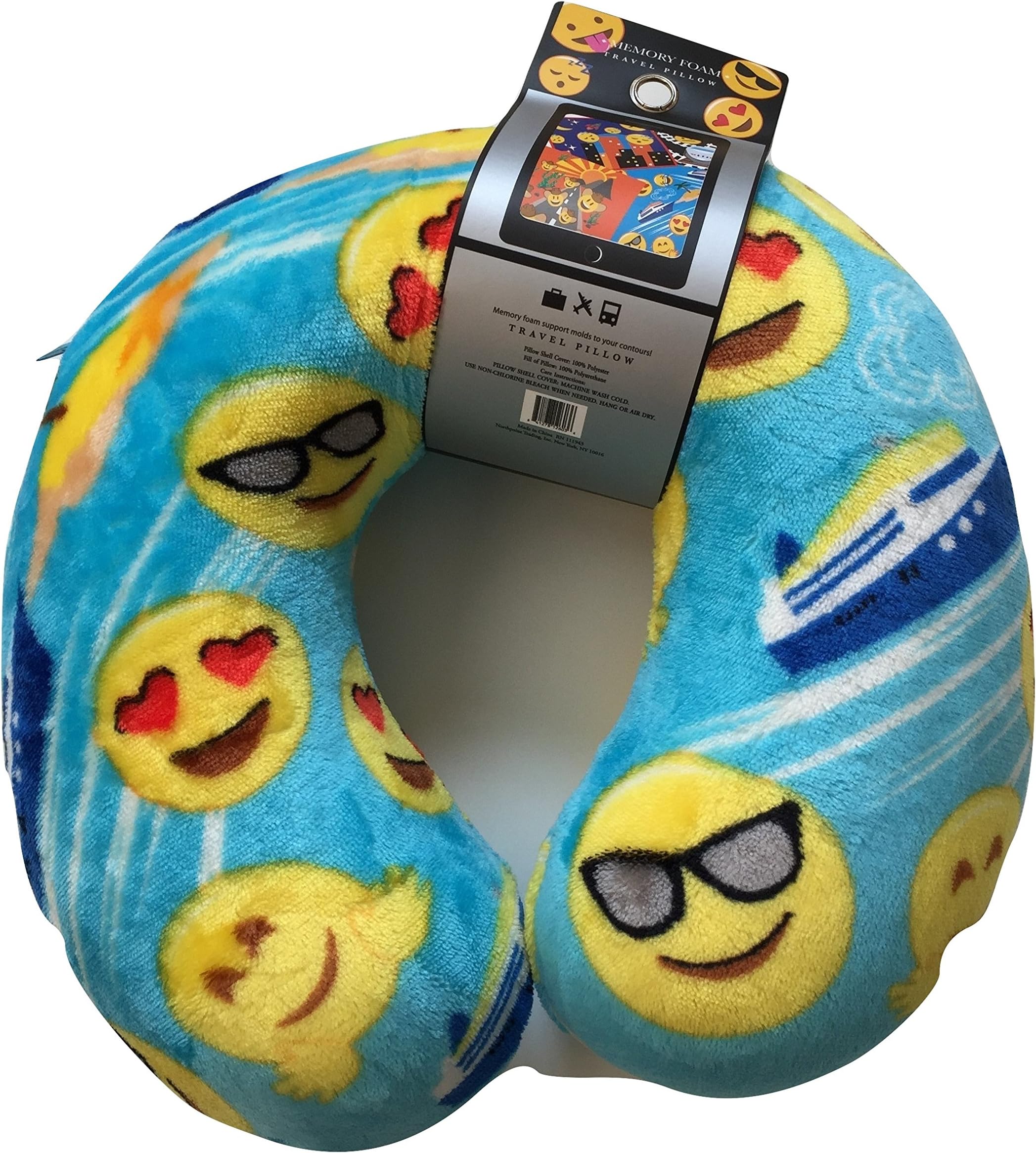 Emoji Faces Round Velvet Memory Foam U Shaped Travel Pillow Neck Support Head Rest Cushion Kids Plush Soft Toy Toddlers Teens Emojies Expressions Blue