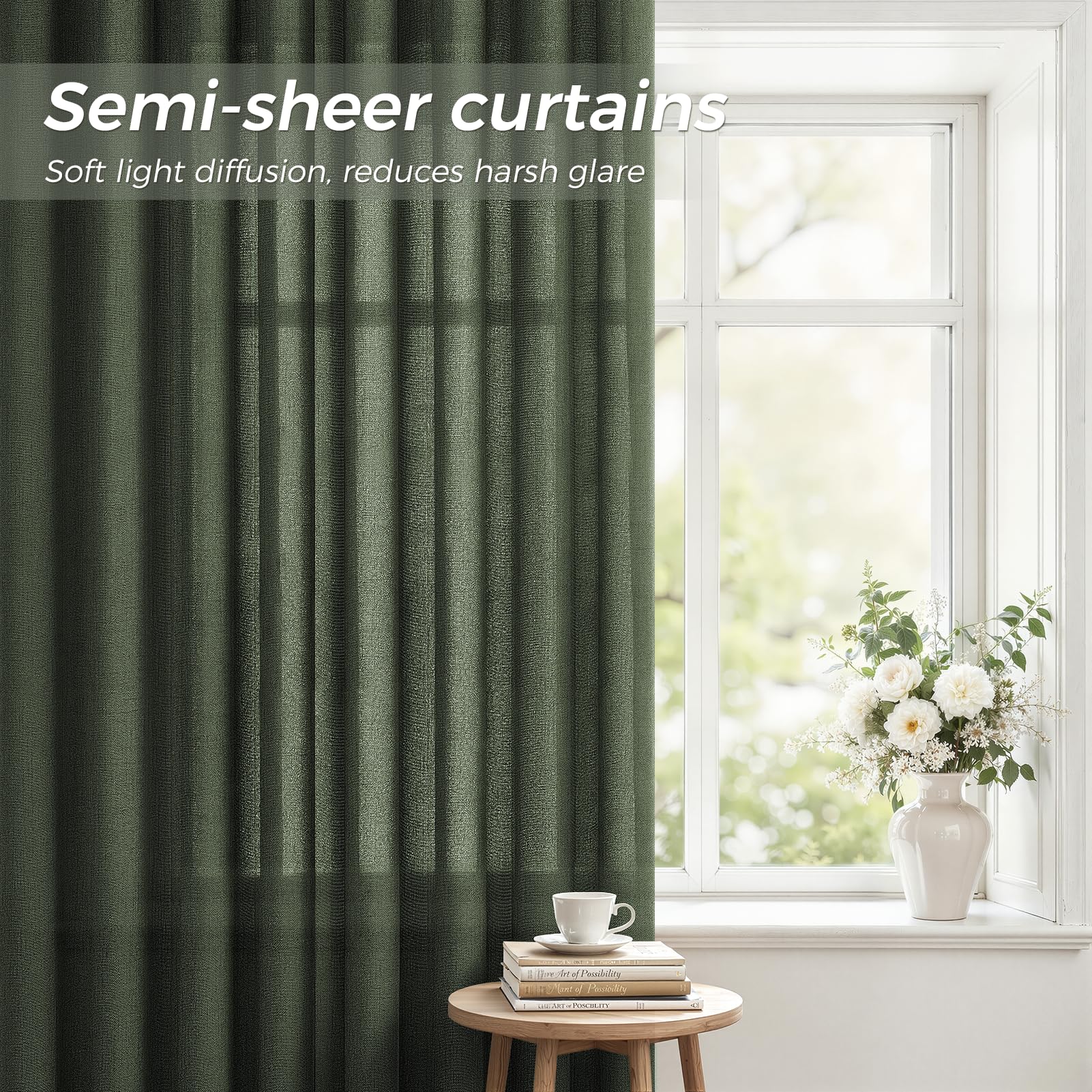 MRTREES Rideau Voilage Lin Naturel Semi-Transparent 140x240 cm pour Fenetre Chambre Adulte Salon Moderne Lot de 2 Panneaux de Rideaux Galon Fronceur Voilages Intérieurs, Vert Olive