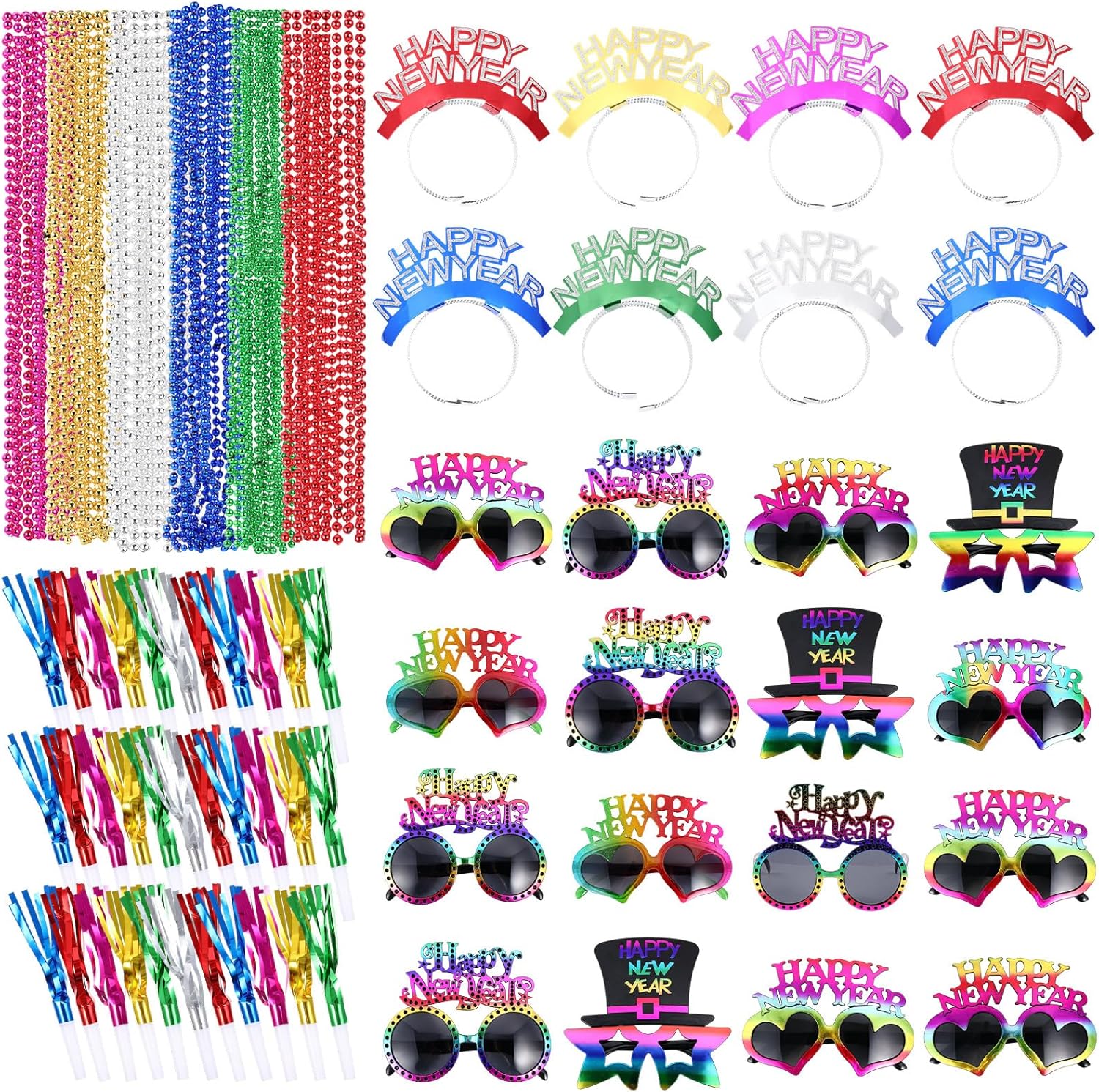 Poen 192 Pcs Colorful New Years Eve Party Supplies Include 48 New Year Headband 48 Happy NewYear Glasses 48 Noise Makers 48 Bead Necklace for Adults 2026 NewYear Day Xmas Party Favors Decor