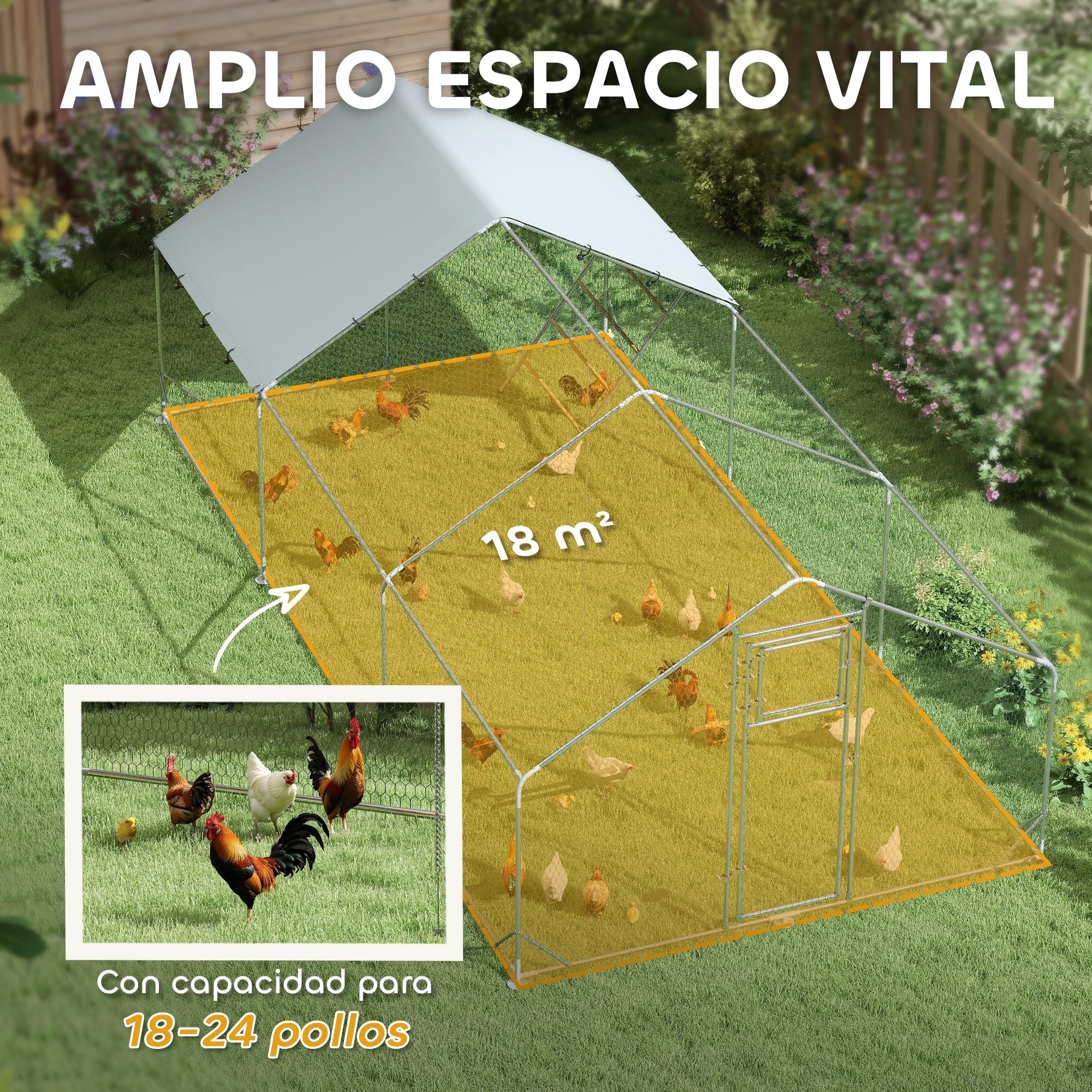 PawHut Gallinero Exterior 18 m² 3x6x1,95 m Acero Galvanizado para 18-24 Gallinas Impermeable Anti-UV