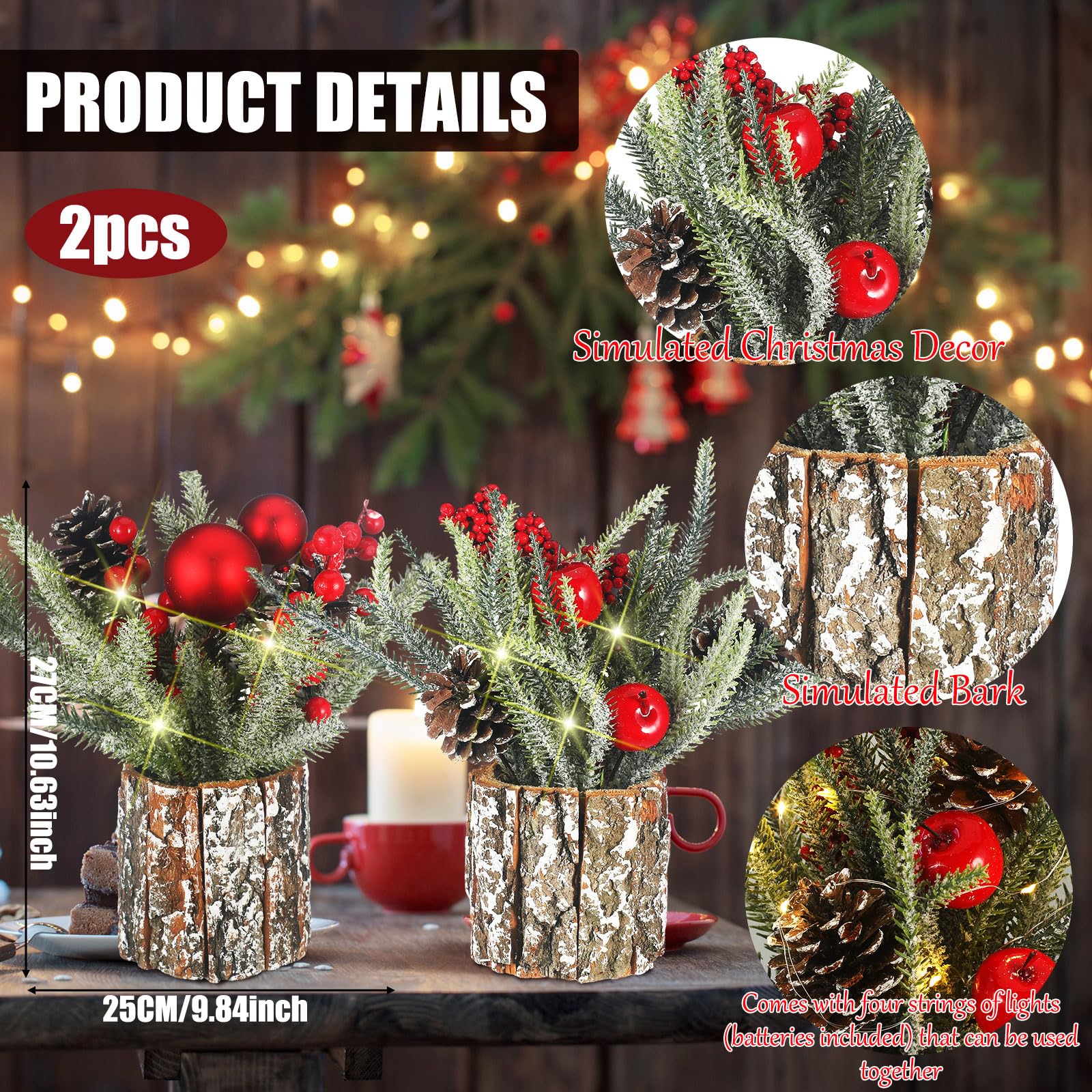 Lyrow Lot de 2 mini sapins de Noël en pot pré-éclairés avec lumières - Mini décorations de table artificielles avec baies et pommes de pin, 35 x 30 cm